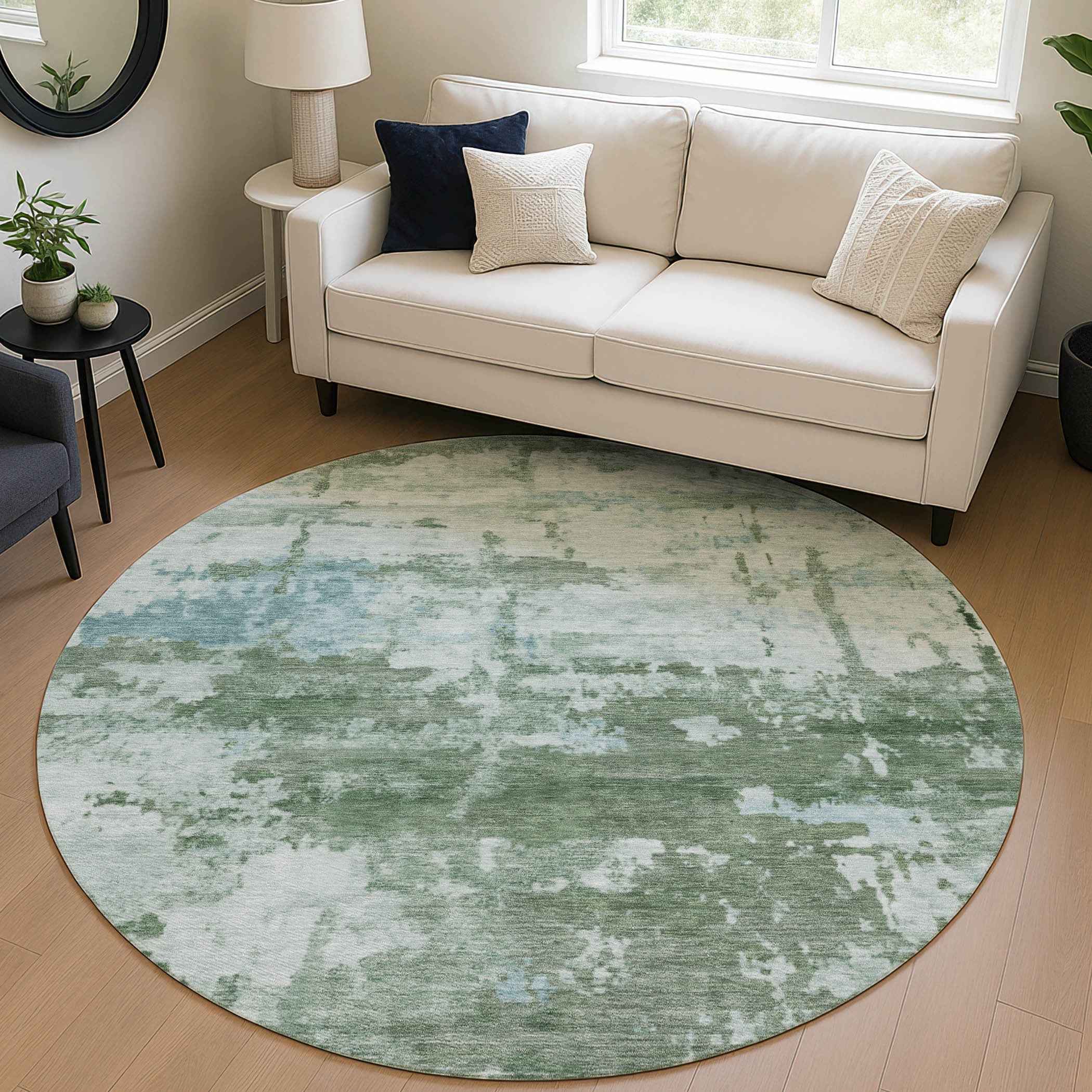8' Artichoke Green And Ivory Round Abstract Washable Indoor Outdoor Area Rug