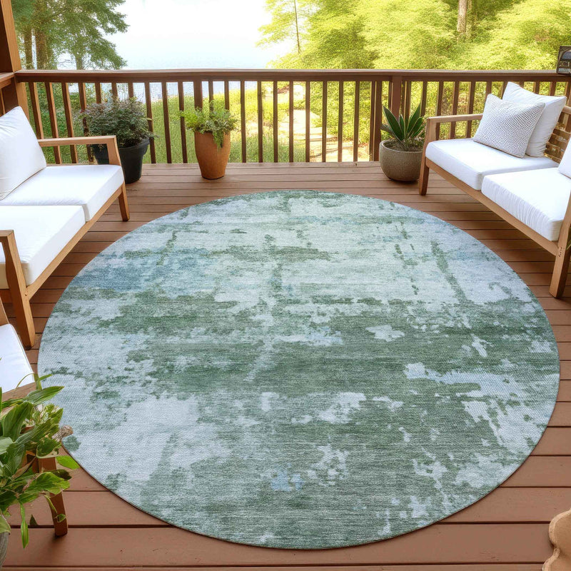 8' Artichoke Green And Ivory Round Abstract Washable Indoor Outdoor Area Rug