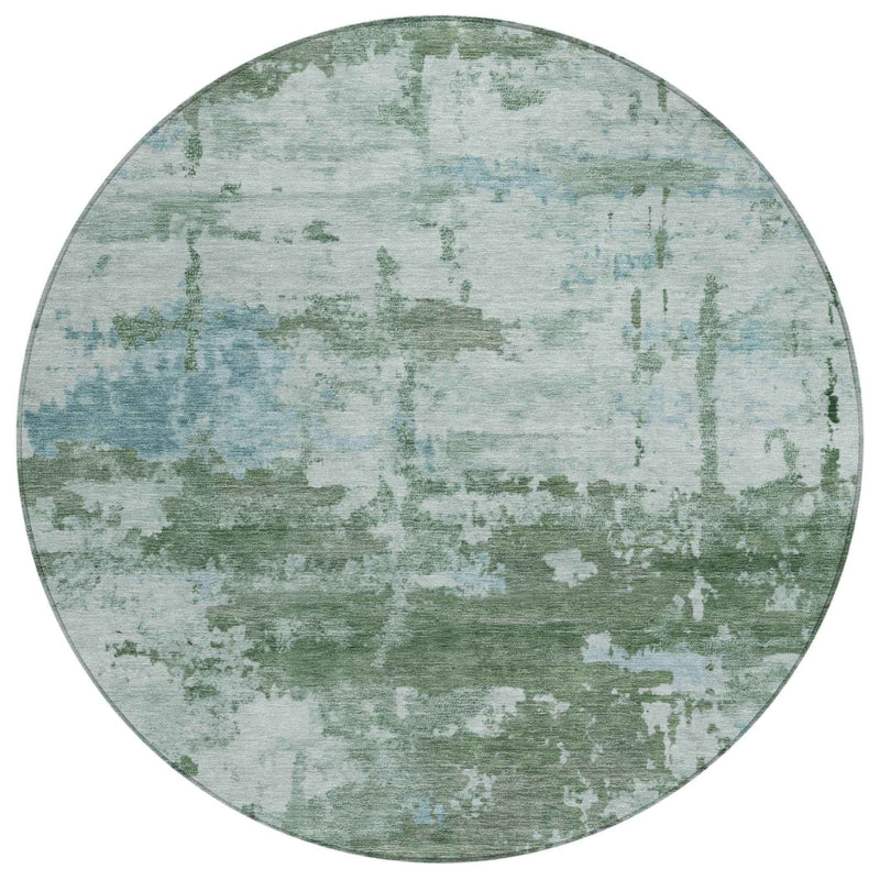 8' Artichoke Green And Ivory Round Abstract Washable Indoor Outdoor Area Rug