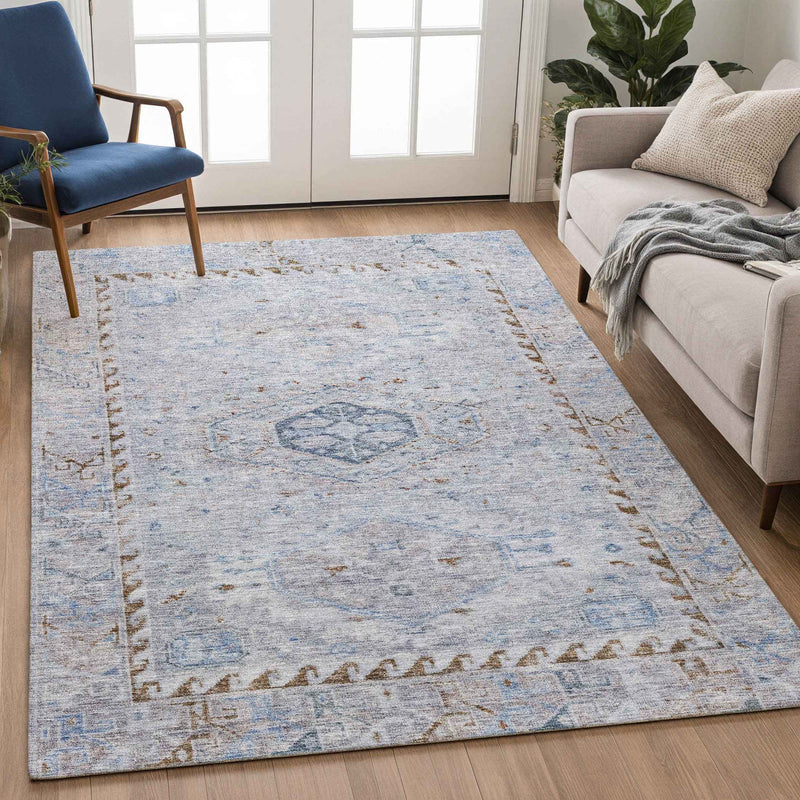 10' X 14' Sky Blue And Brown Medallion Washable Indoor Outdoor Area Rug