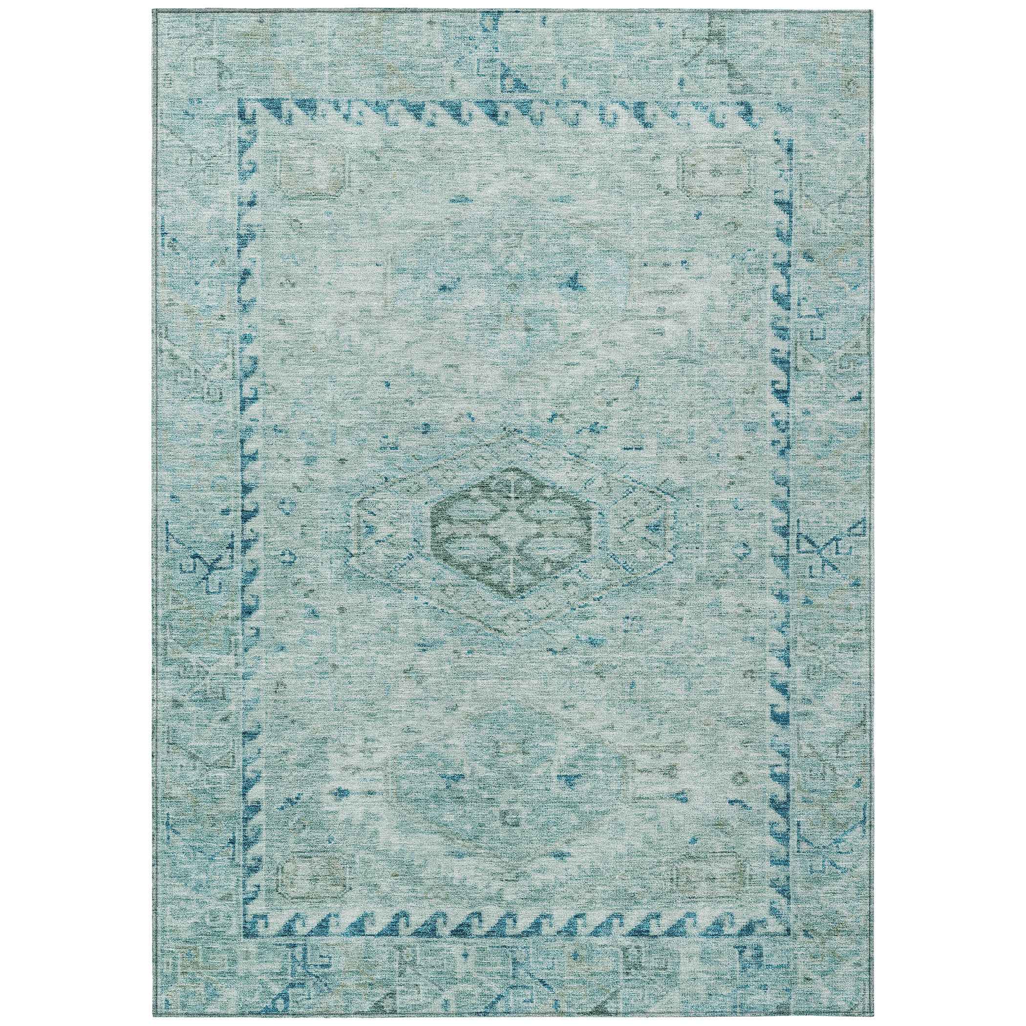 3' X 5' Aqua And Teal Blue Medallion Washable Indoor Outdoor Area Rug