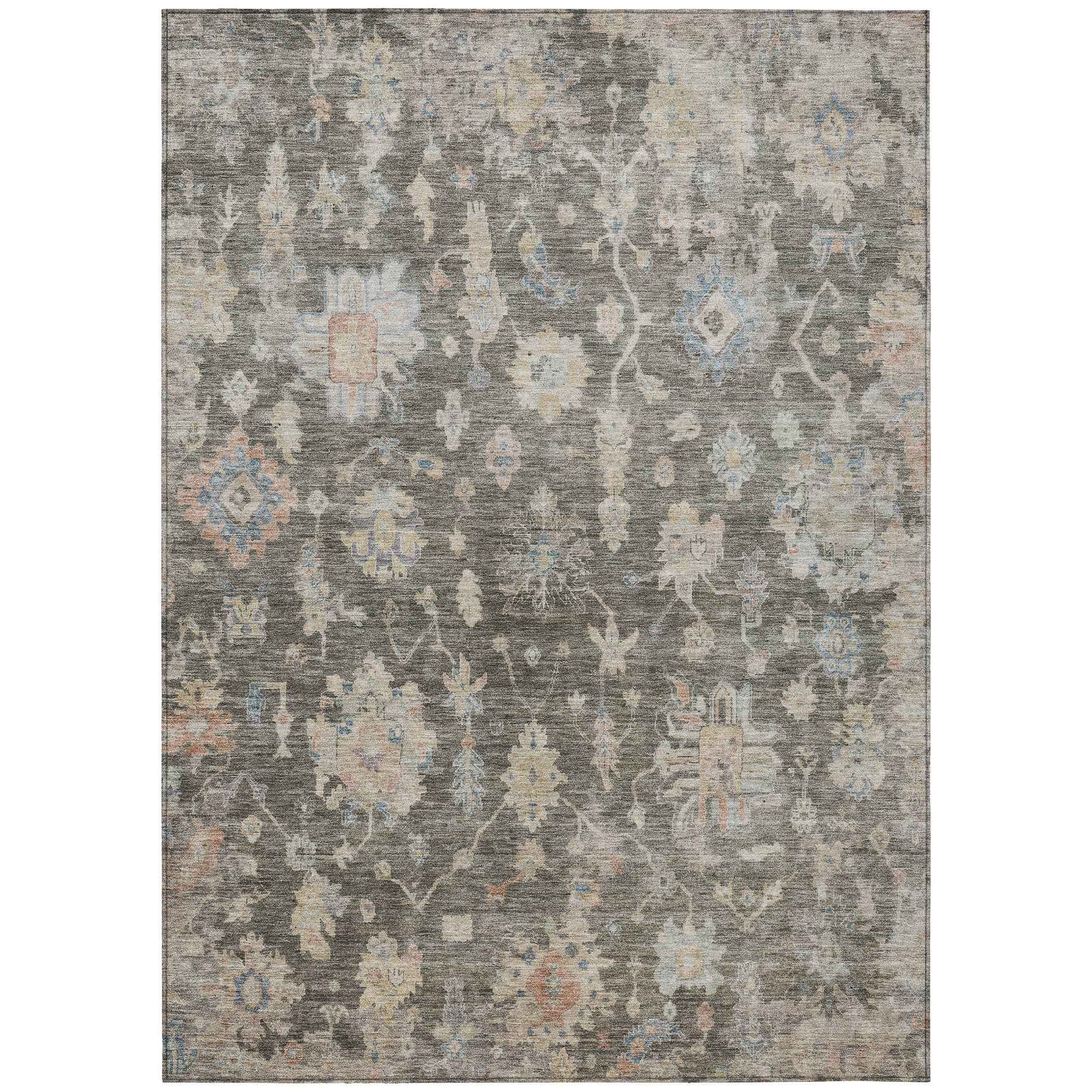 8' X 10' Gray Beige And Blue Floral Washable Indoor Outdoor Area Rug