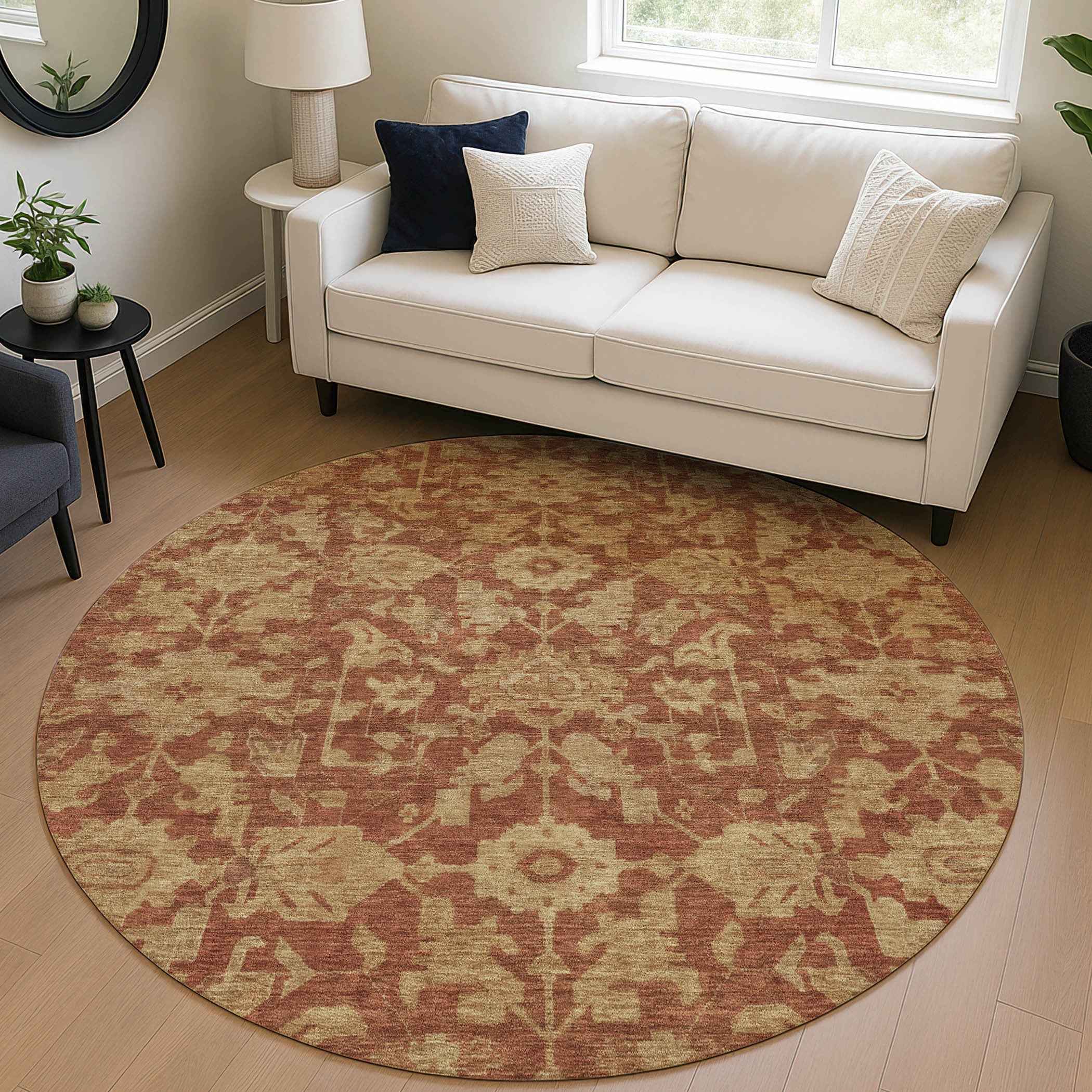 8' Rust And Beige Round Floral Washable Indoor Outdoor Area Rug