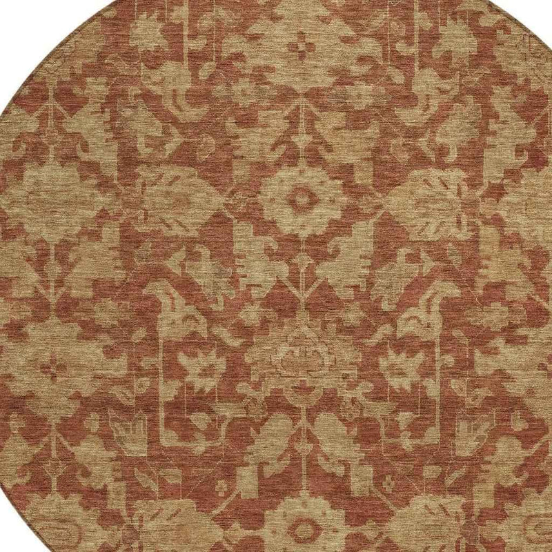 8' Rust And Beige Round Floral Washable Indoor Outdoor Area Rug
