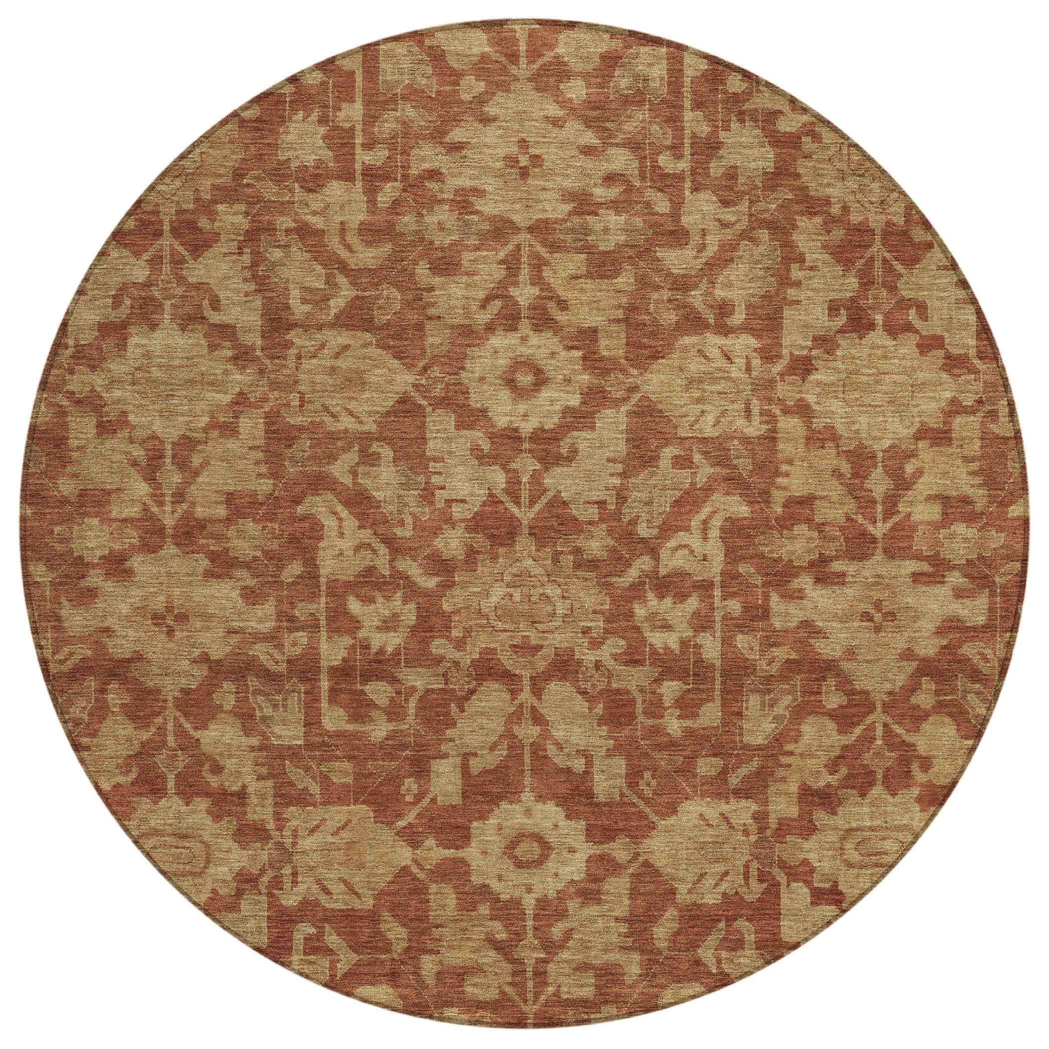 8' Rust And Beige Round Floral Washable Indoor Outdoor Area Rug