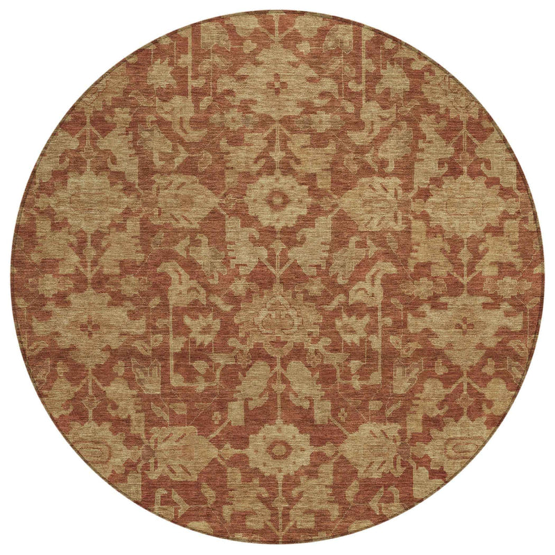 8' Rust And Beige Round Floral Washable Indoor Outdoor Area Rug