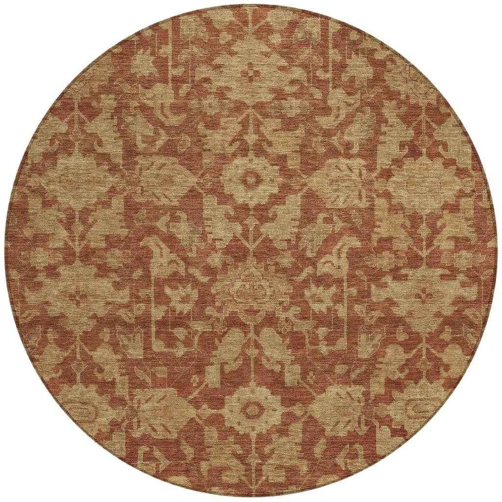 8' Rust And Beige Round Floral Washable Indoor Outdoor Area Rug