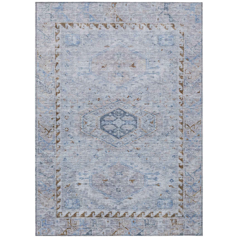 5' X 8' Sky Blue And Brown Medallion Washable Indoor Outdoor Area Rug