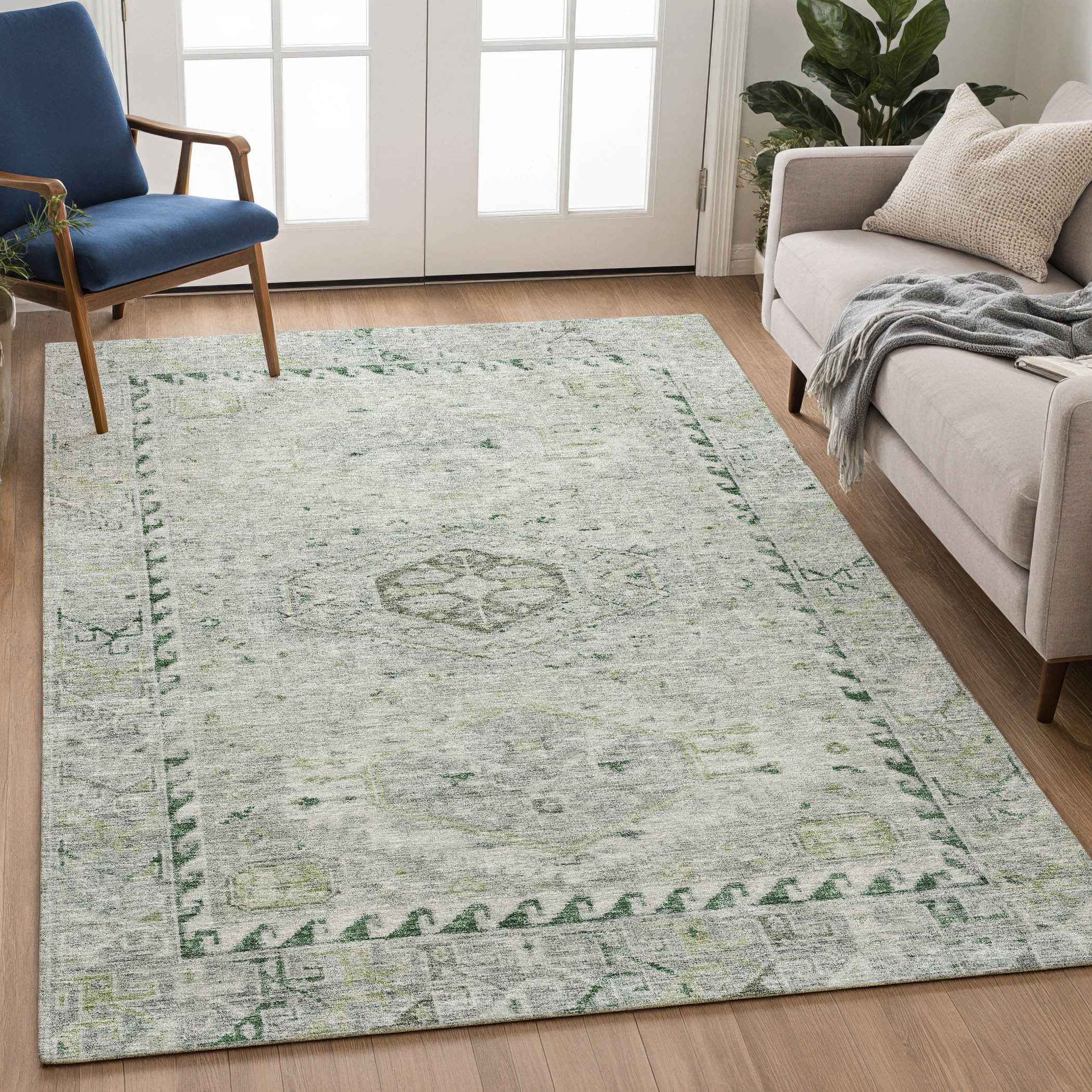 9' X 12' Lime Green And Beige Medallion Washable Indoor Outdoor Area Rug