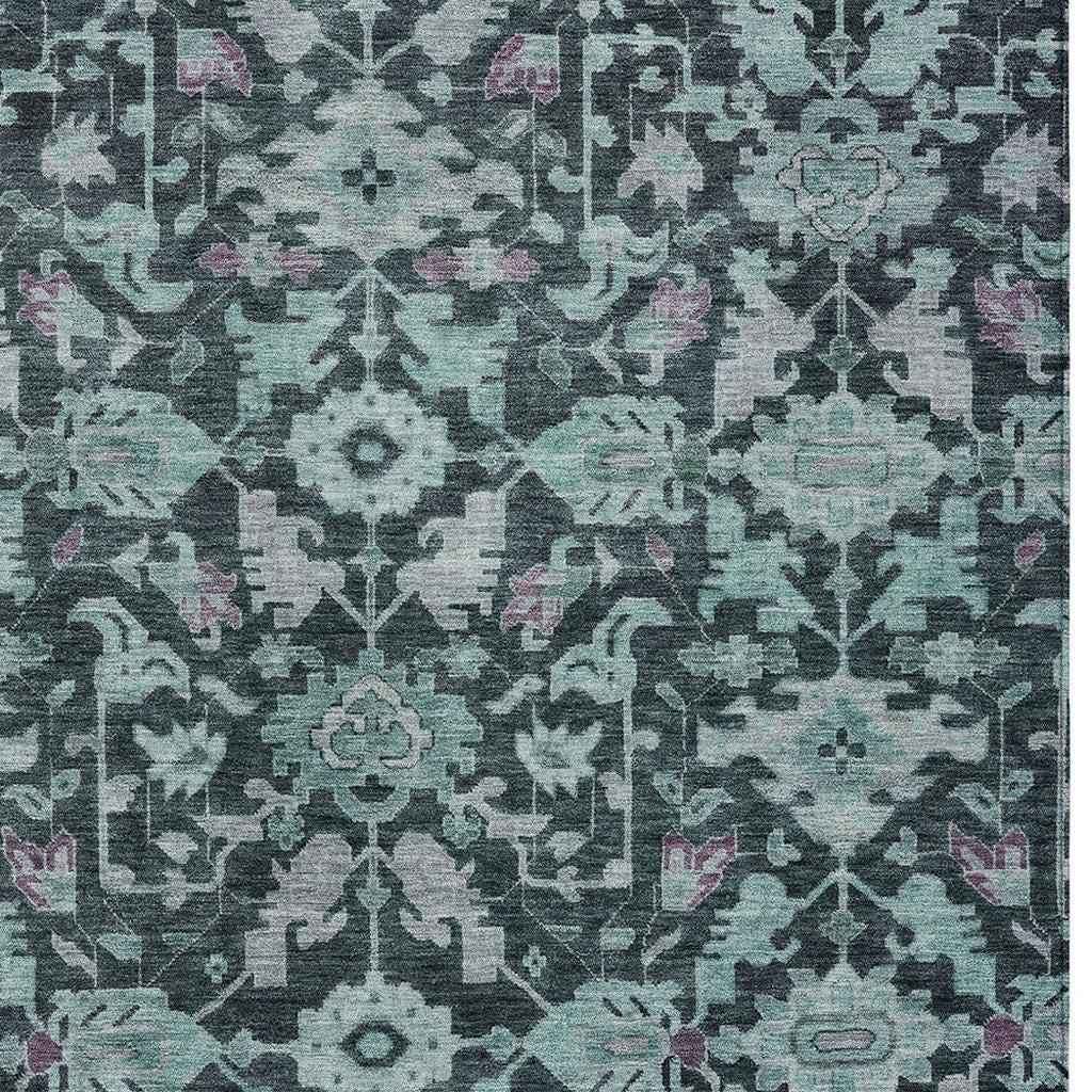 8' X 10' Teal Blue And Plum Floral Washable Indoor Outdoor Area Rug