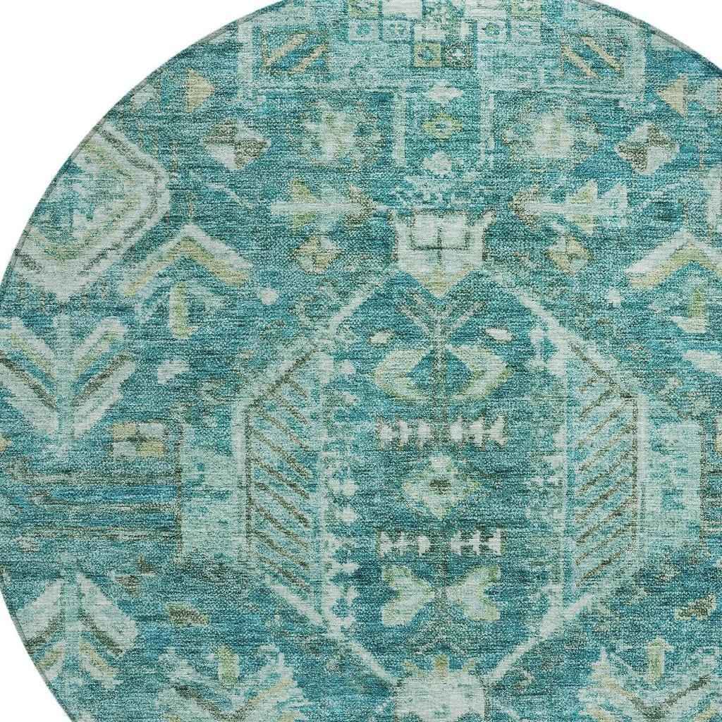 8' Turquoise And Teal Blue Round Medallion Washable Indoor Outdoor Area Rug