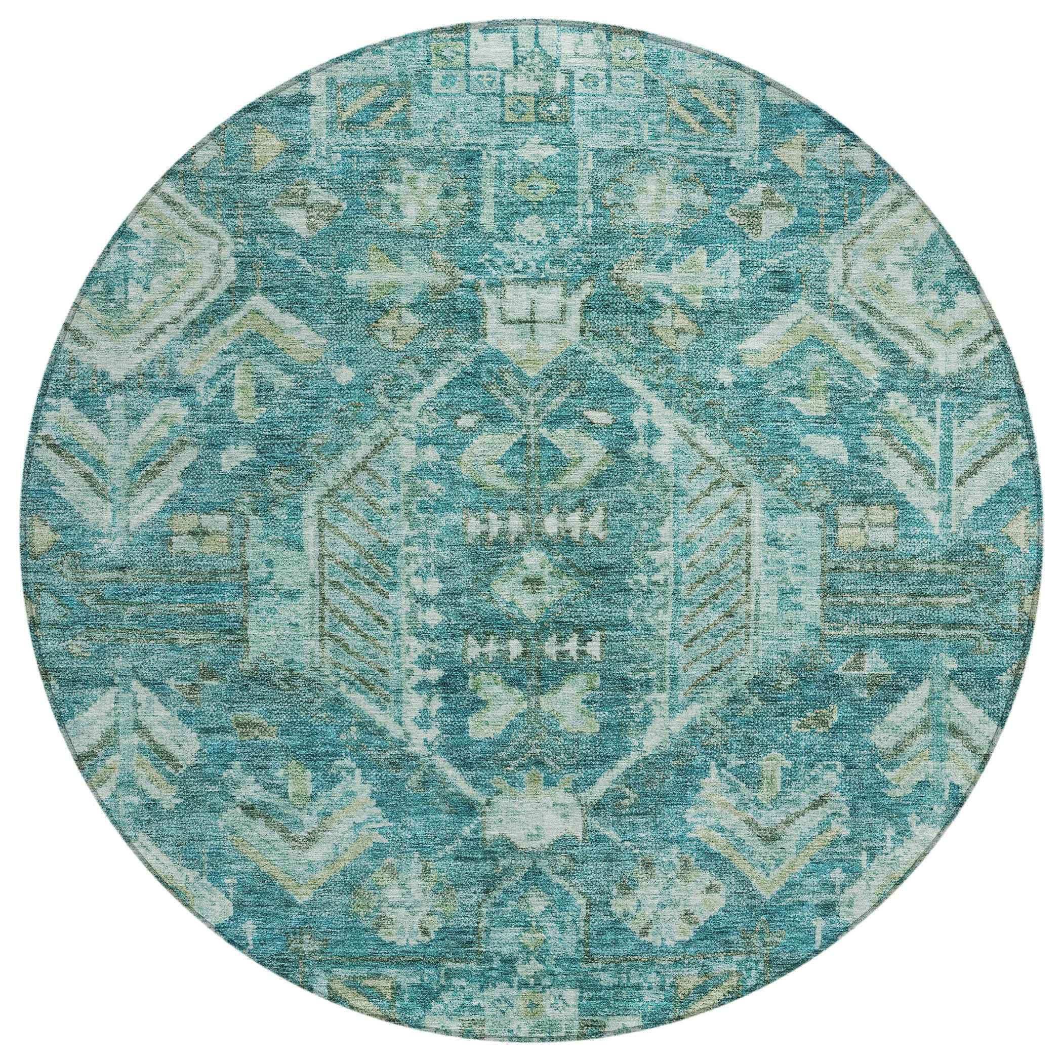 8' Turquoise And Teal Blue Round Medallion Washable Indoor Outdoor Area Rug