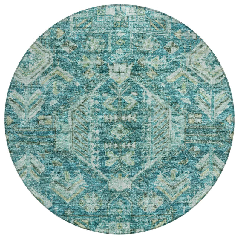 8' Turquoise And Teal Blue Round Medallion Washable Indoor Outdoor Area Rug