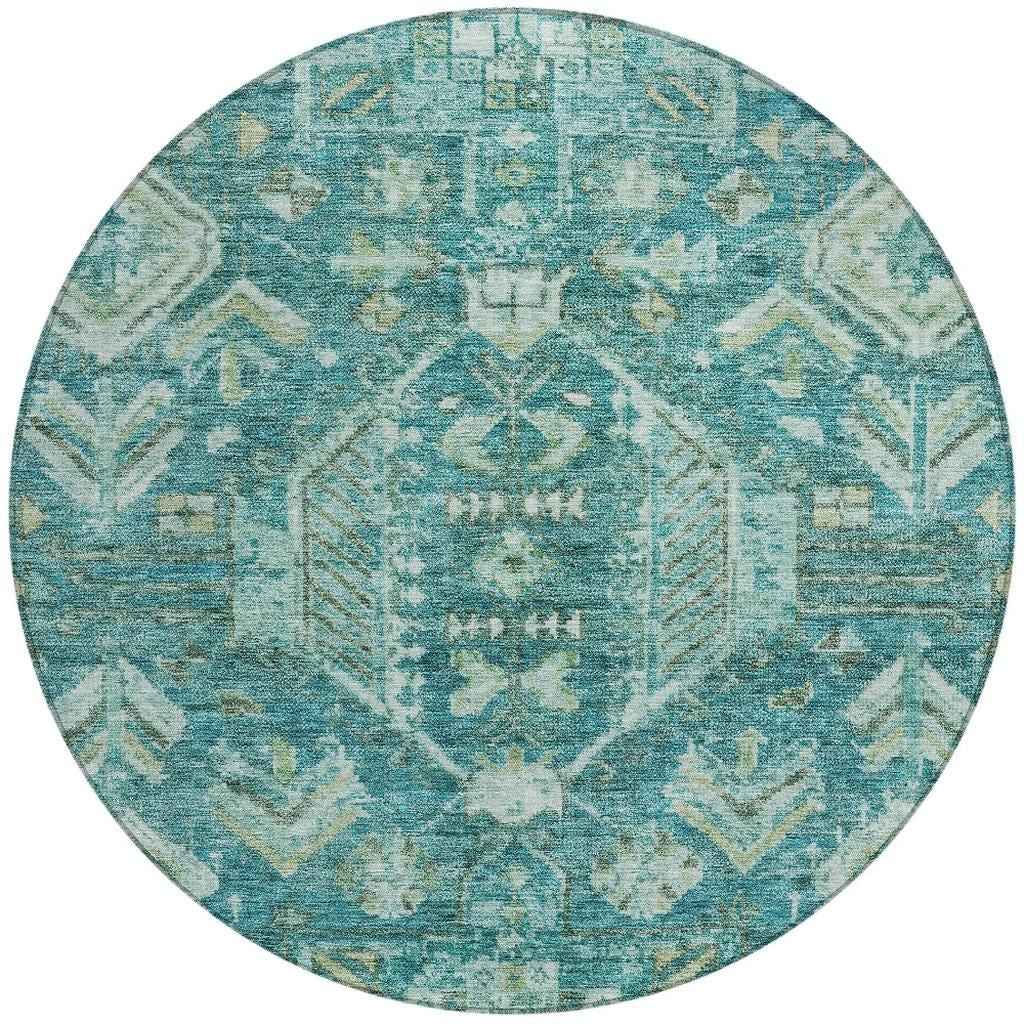 8' Turquoise And Teal Blue Round Medallion Washable Indoor Outdoor Area Rug