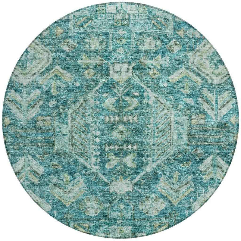 8' Turquoise And Teal Blue Round Medallion Washable Indoor Outdoor Area Rug