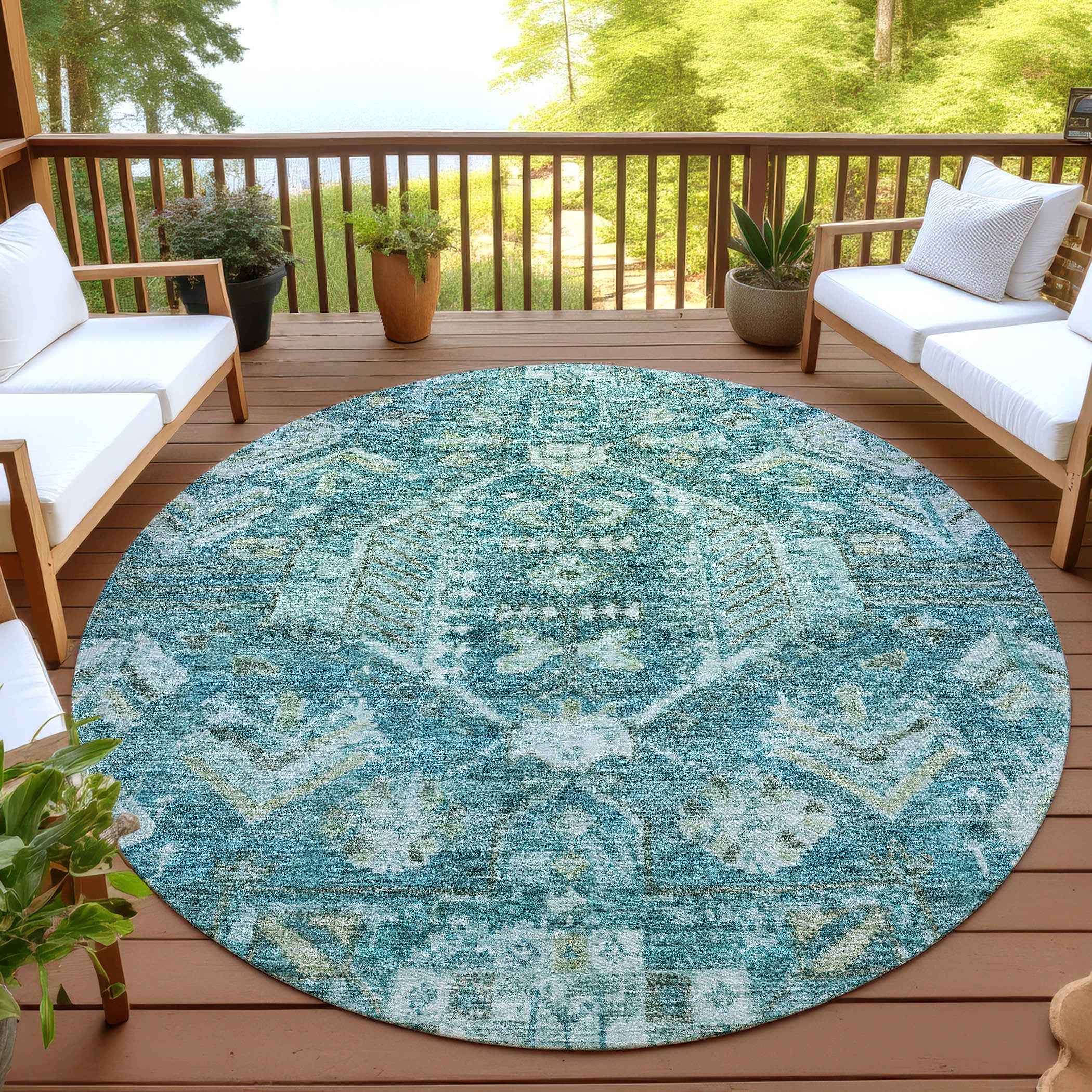 8' Turquoise And Teal Blue Round Medallion Washable Indoor Outdoor Area Rug