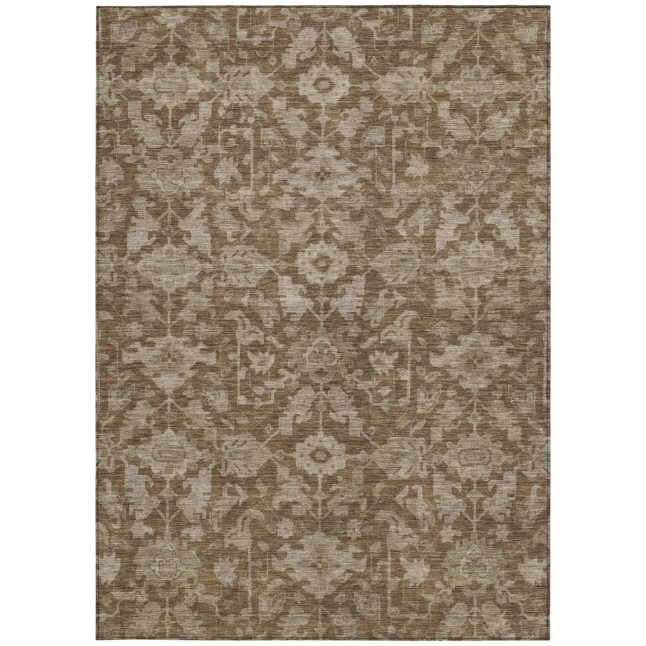 8' X 10' Brown And Beige Floral Washable Indoor Outdoor Area Rug