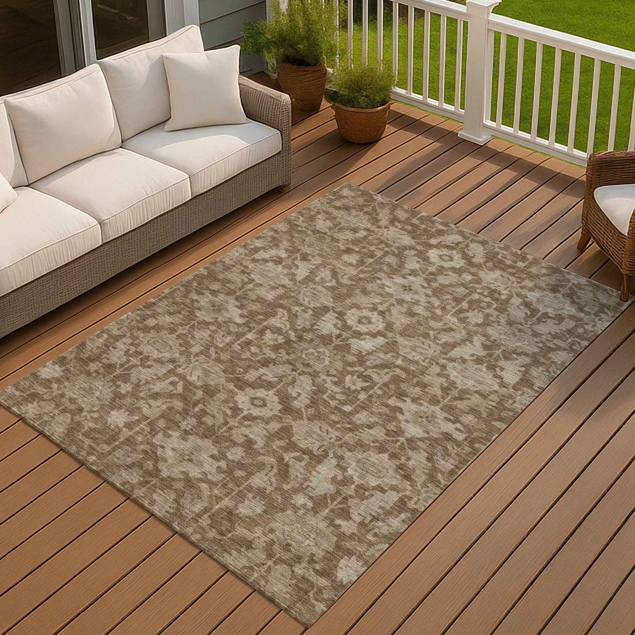 8' X 10' Brown And Beige Floral Washable Indoor Outdoor Area Rug