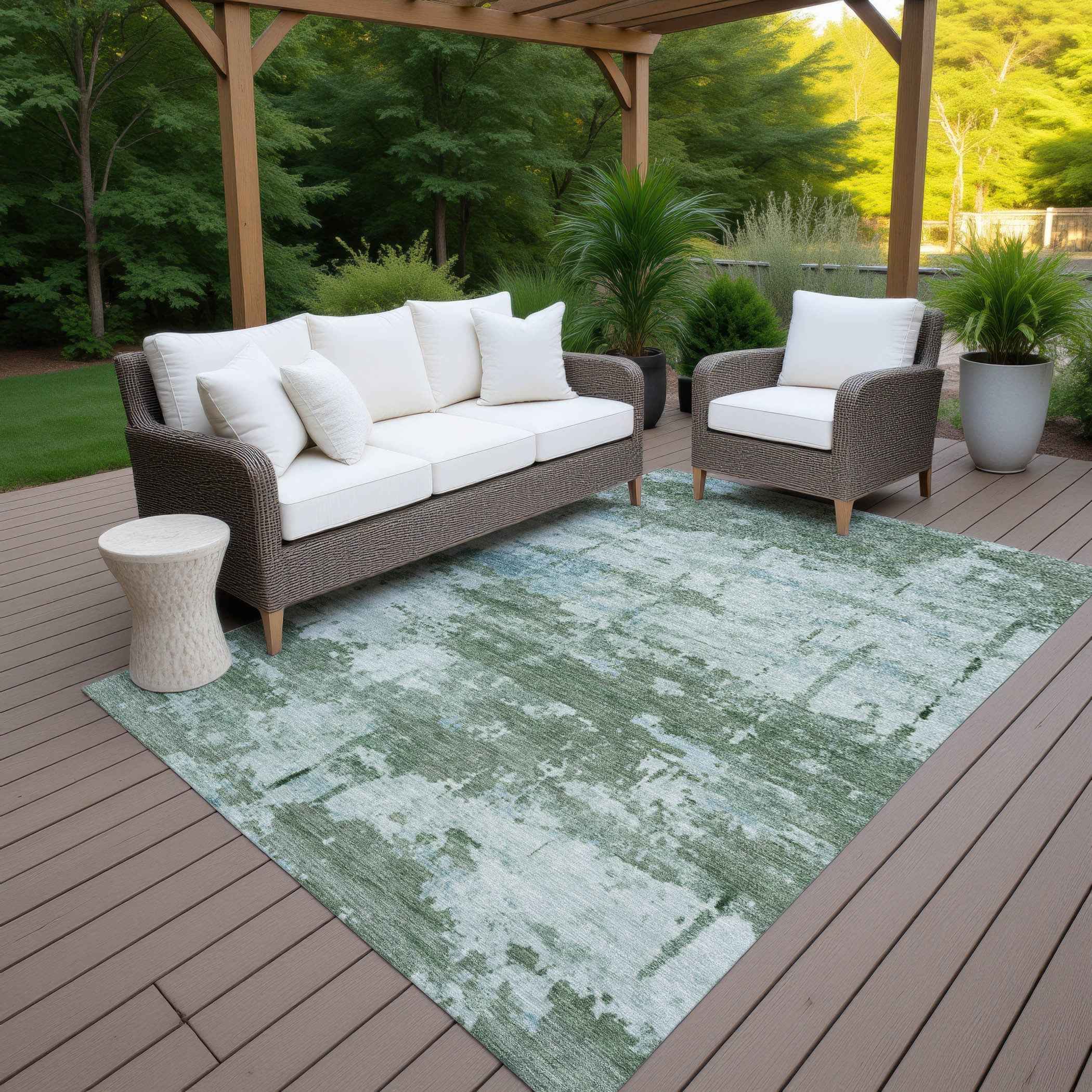 9' X 12' Artichoke Green And Ivory Abstract Washable Indoor Outdoor Area Rug