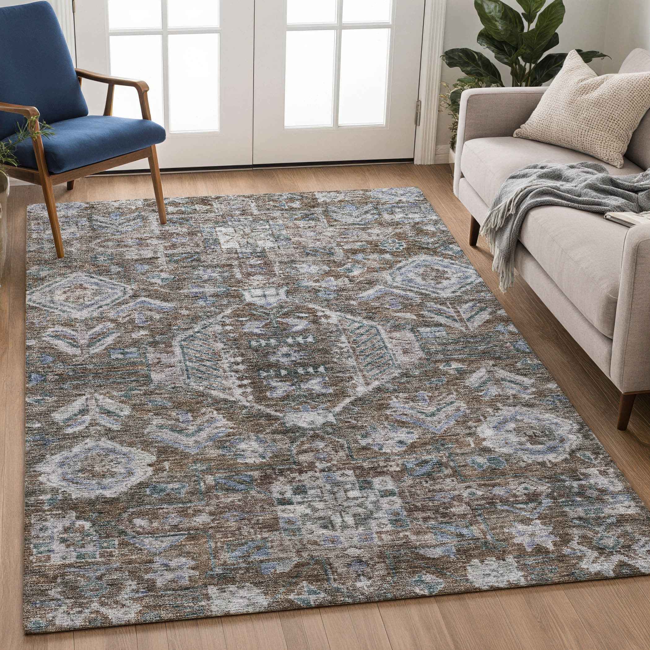 5' X 8' Chocolate And Denim Blue Medallion Washable Indoor Outdoor Area Rug