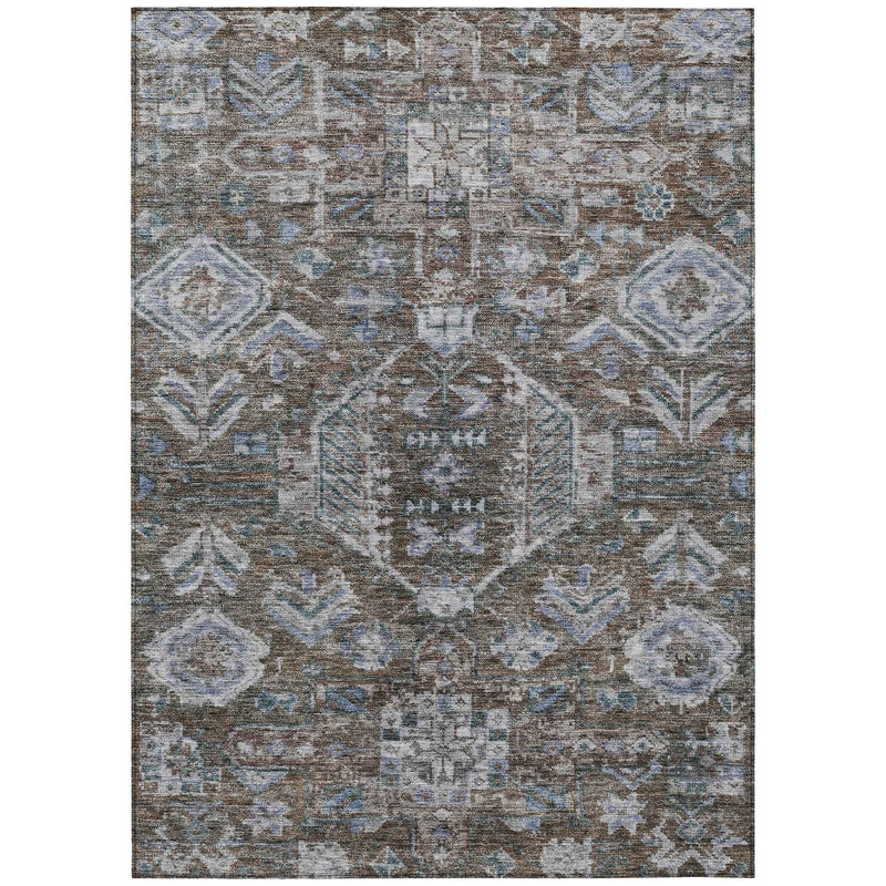5' X 8' Chocolate And Denim Blue Medallion Washable Indoor Outdoor Area Rug
