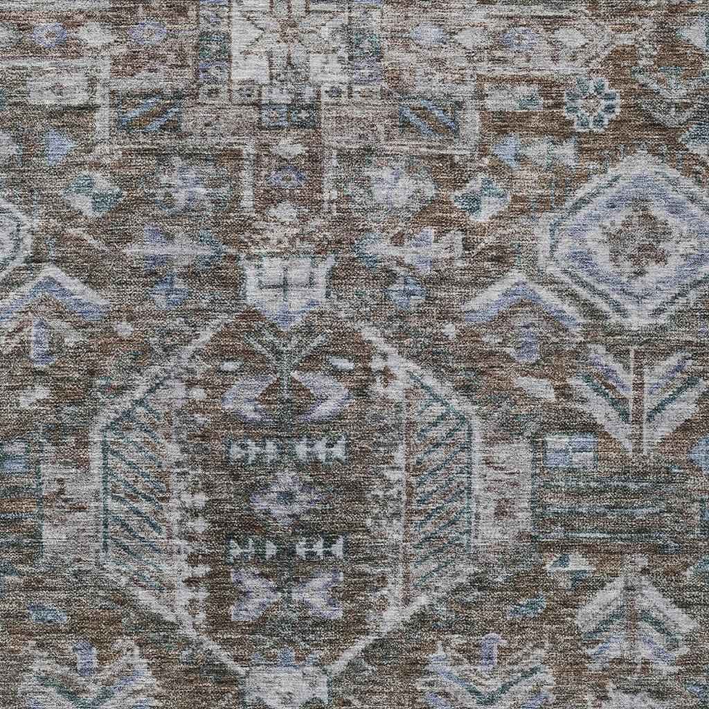 5' X 8' Chocolate And Denim Blue Medallion Washable Indoor Outdoor Area Rug