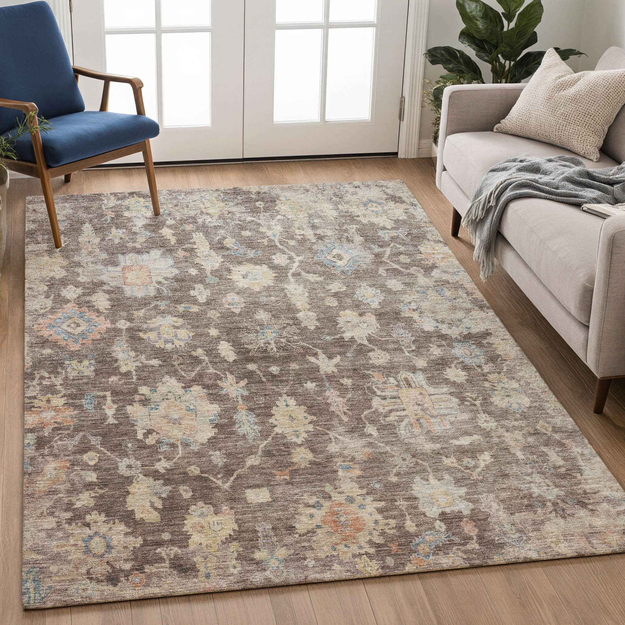 3' X 5' Chocolate Beige And Blue Floral Washable Indoor Outdoor Area Rug
