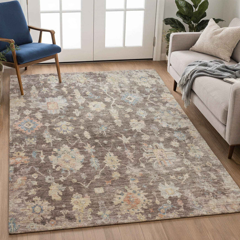 3' X 5' Chocolate Beige And Blue Floral Washable Indoor Outdoor Area Rug