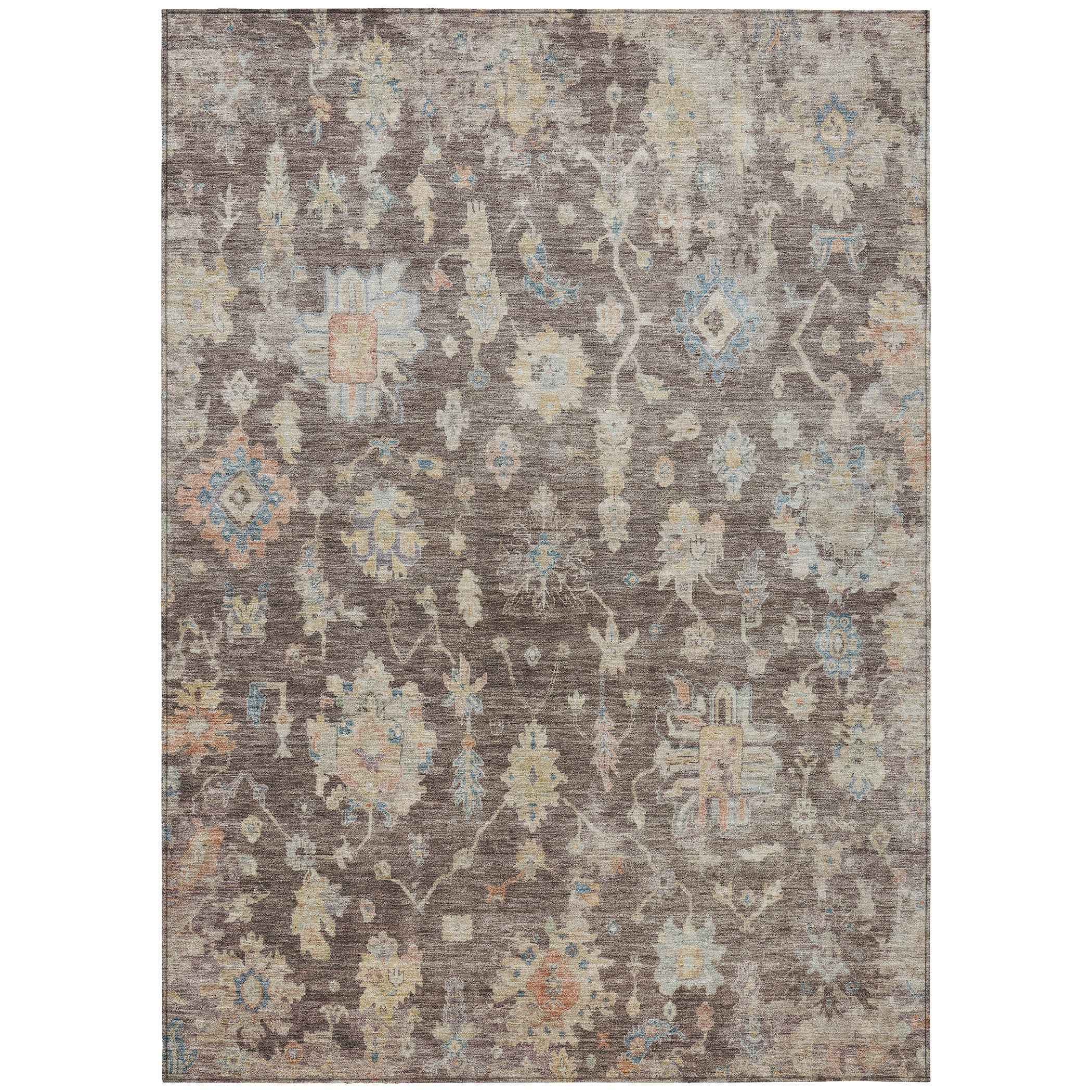3' X 5' Chocolate Beige And Blue Floral Washable Indoor Outdoor Area Rug
