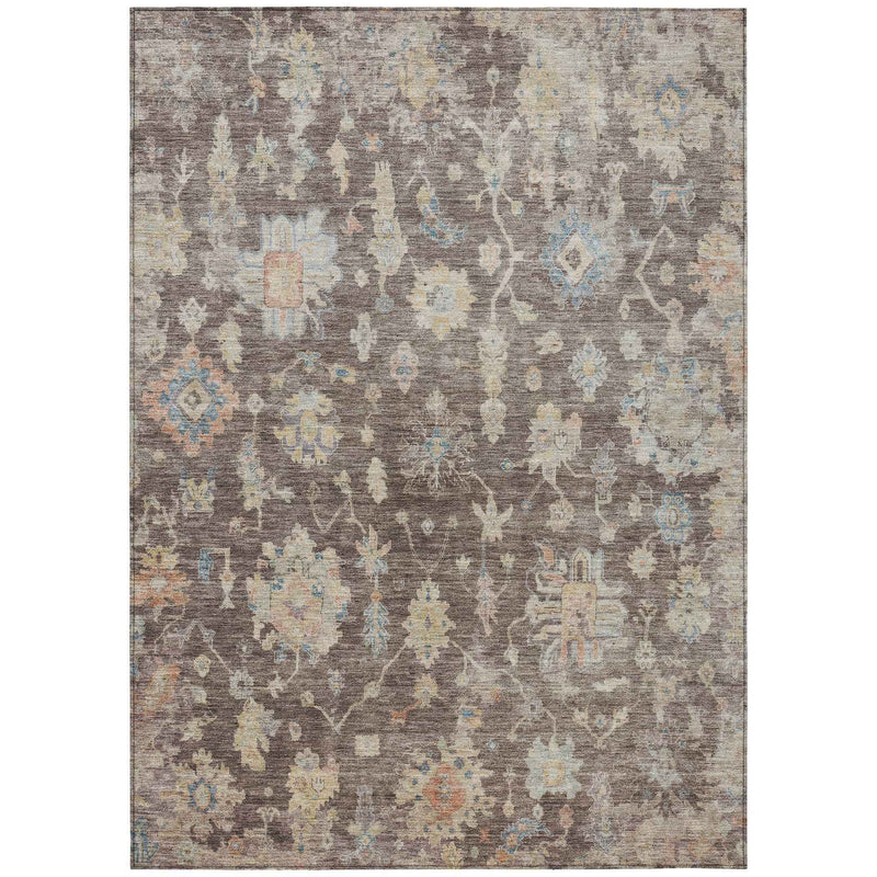 3' X 5' Chocolate Beige And Blue Floral Washable Indoor Outdoor Area Rug