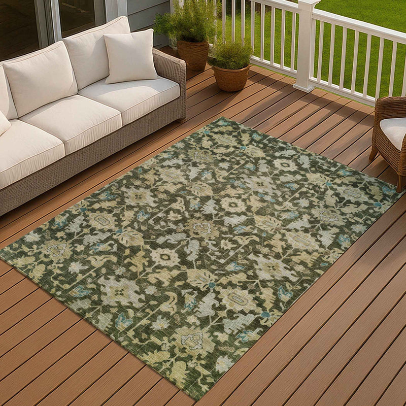 3' X 5' Olive Green Teal Blue And Gold Floral Washable Indoor Outdoor Area Rug