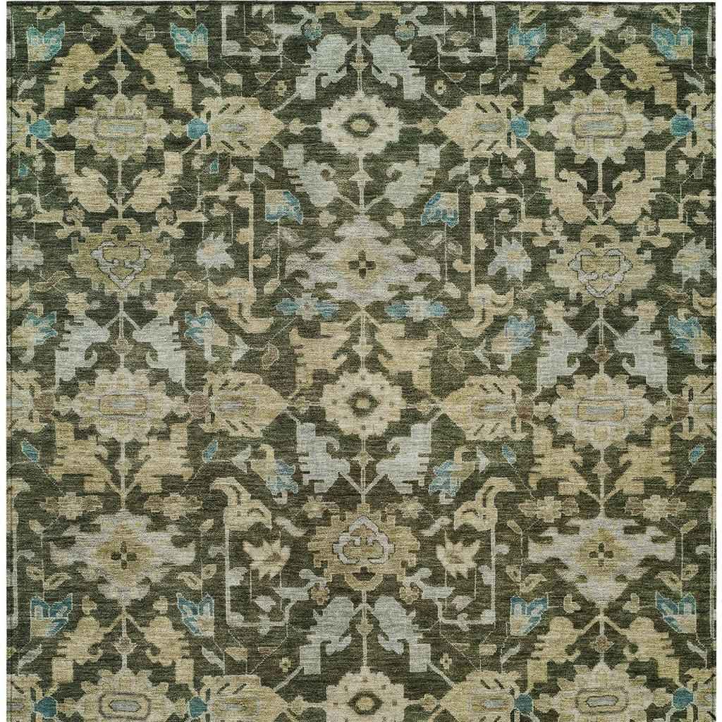 3' X 5' Olive Green Teal Blue And Gold Floral Washable Indoor Outdoor Area Rug