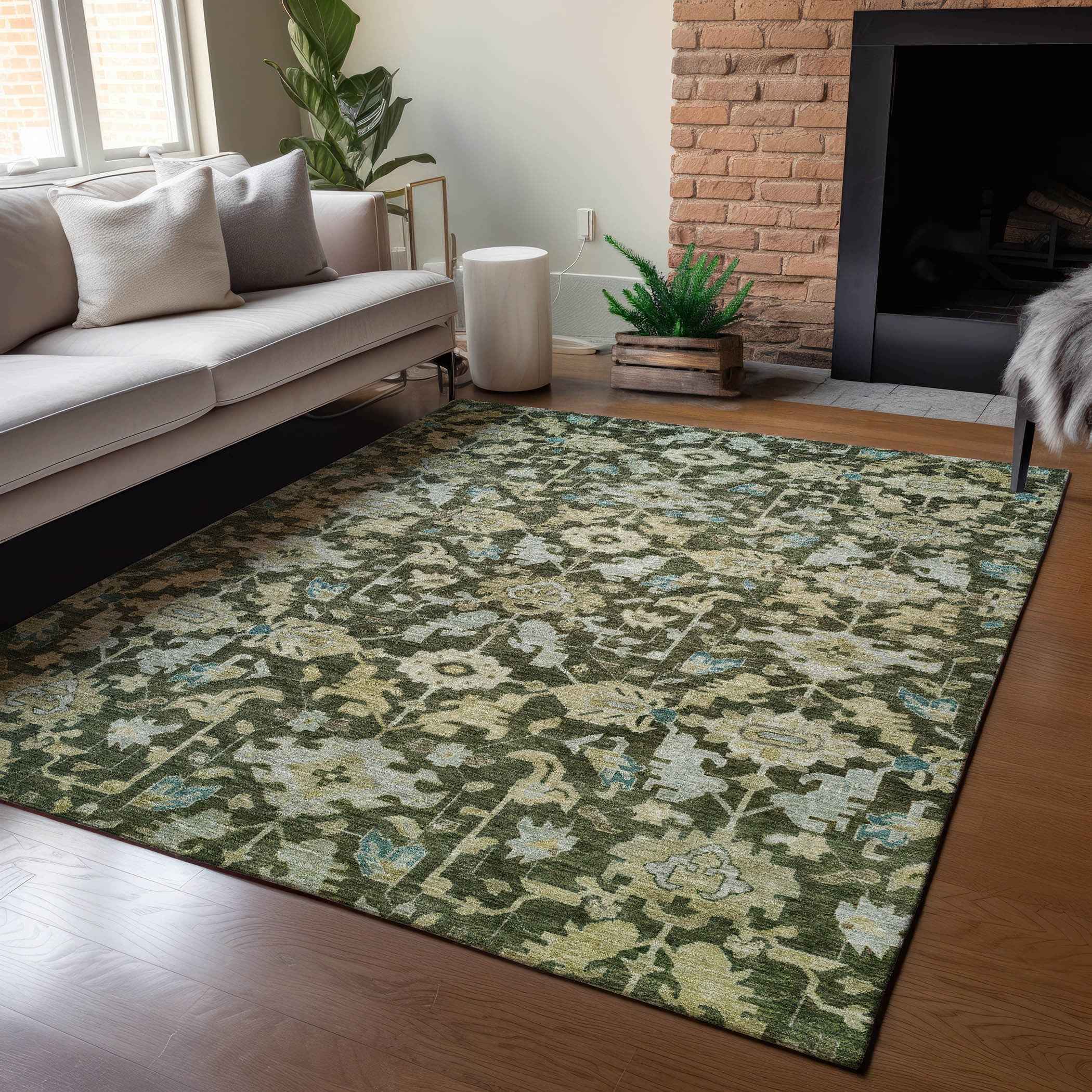 3' X 5' Olive Green Teal Blue And Gold Floral Washable Indoor Outdoor Area Rug