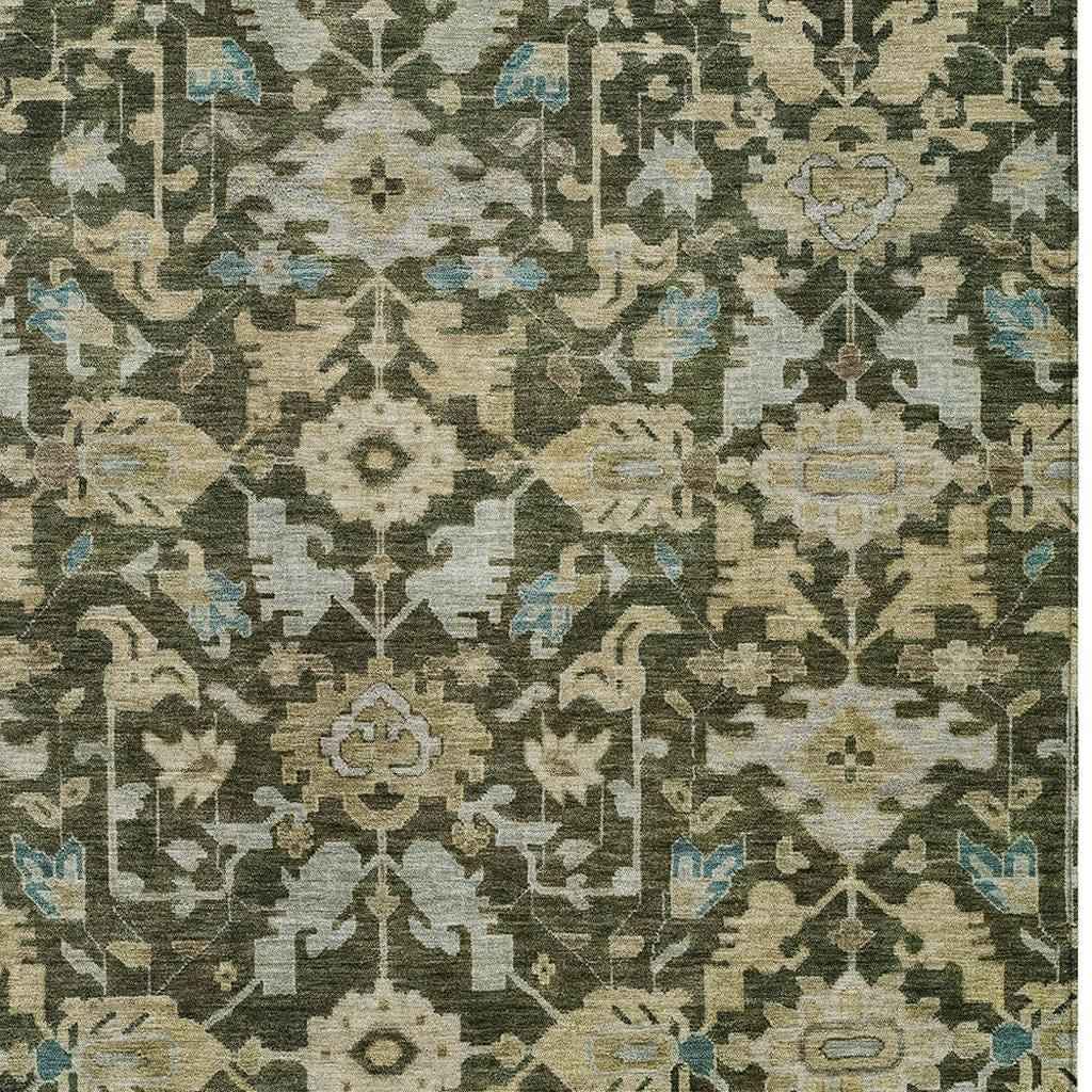 3' X 5' Olive Green Teal Blue And Gold Floral Washable Indoor Outdoor Area Rug