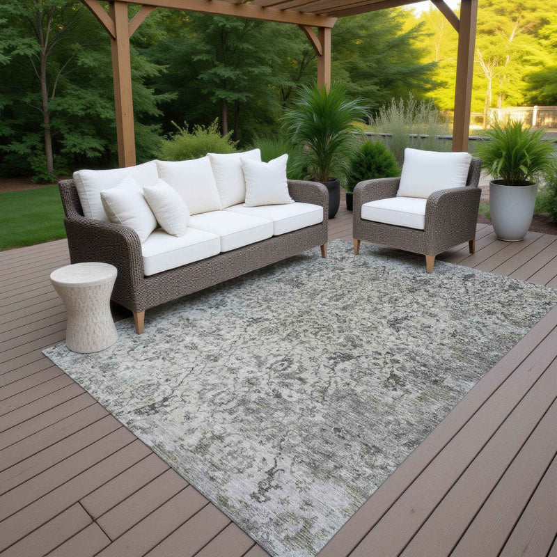 10' X 14' Beige And Gray Damask Washable Indoor Outdoor Area Rug