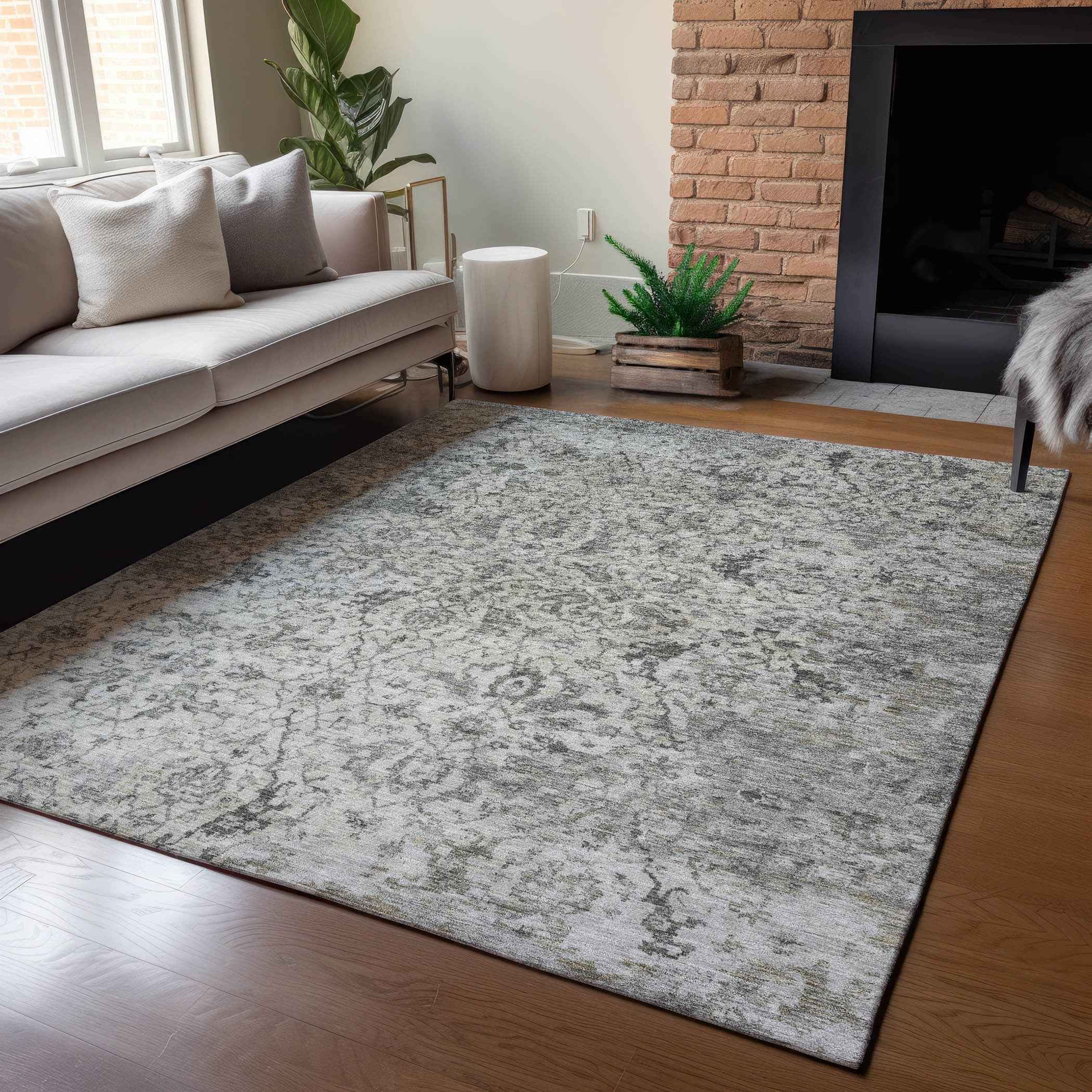 10' X 14' Beige And Gray Damask Washable Indoor Outdoor Area Rug