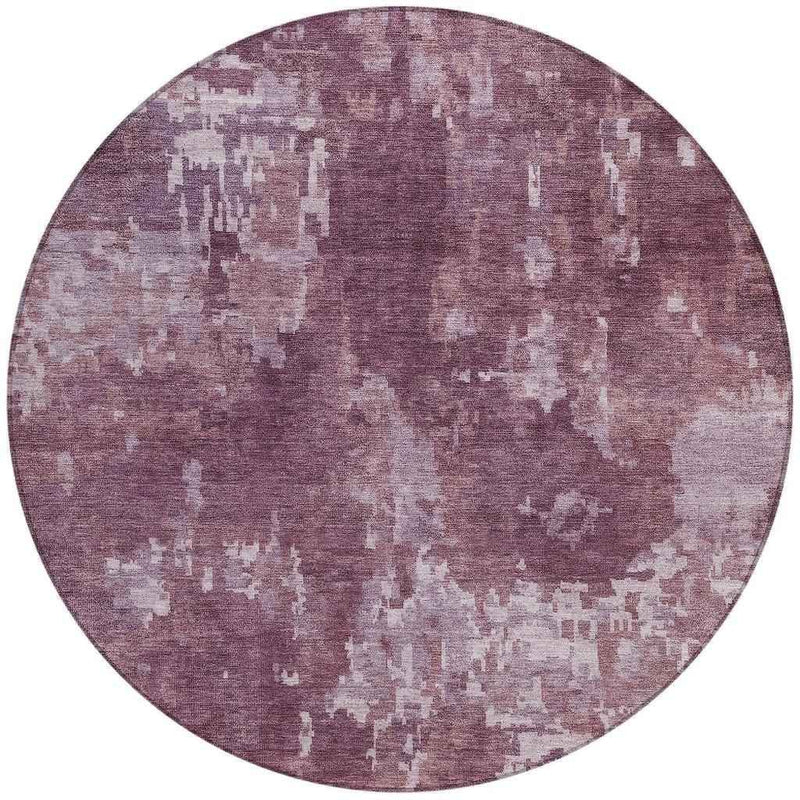 8' Merlot And Gray Round Abstract Washable Indoor Outdoor Area Rug