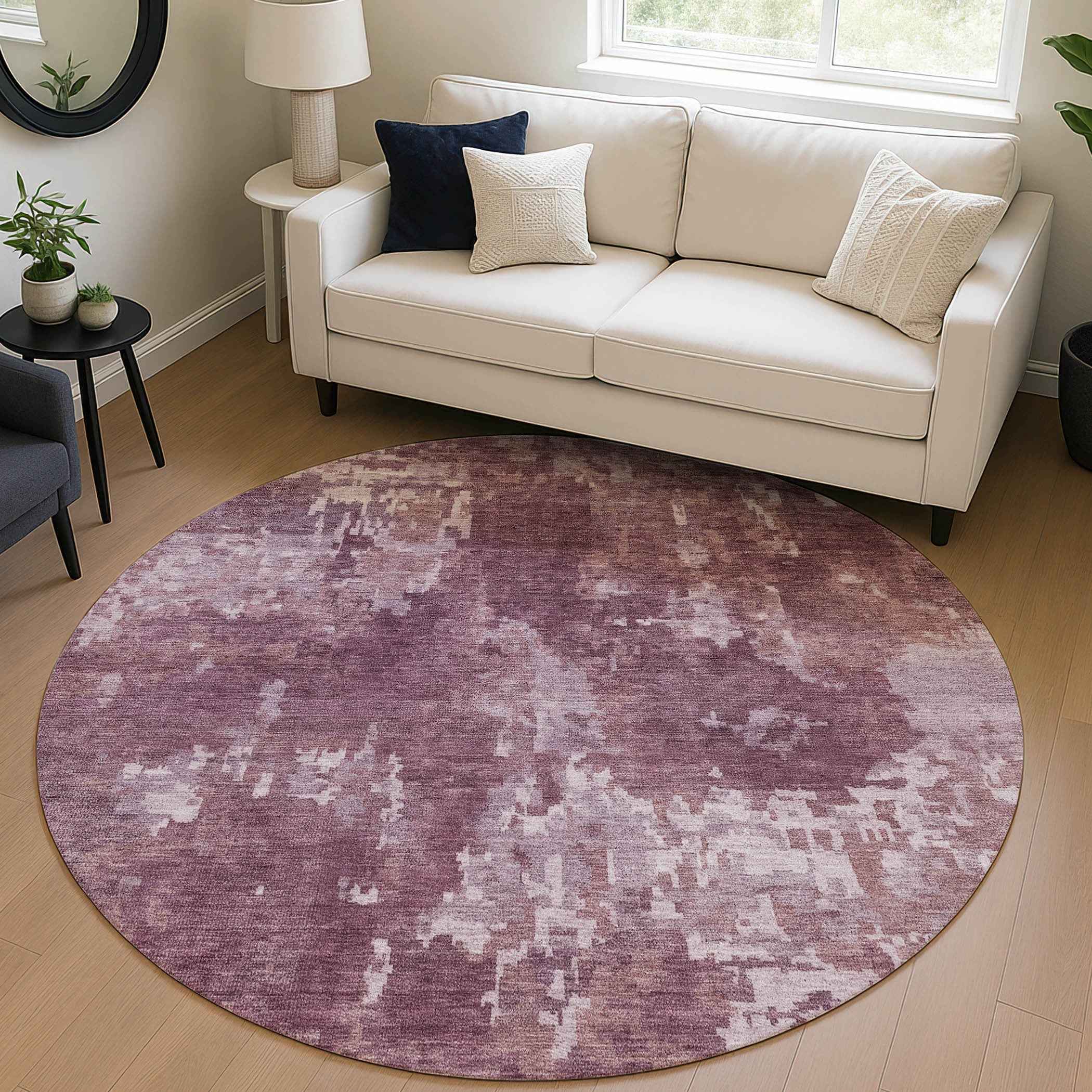 8' Merlot And Gray Round Abstract Washable Indoor Outdoor Area Rug