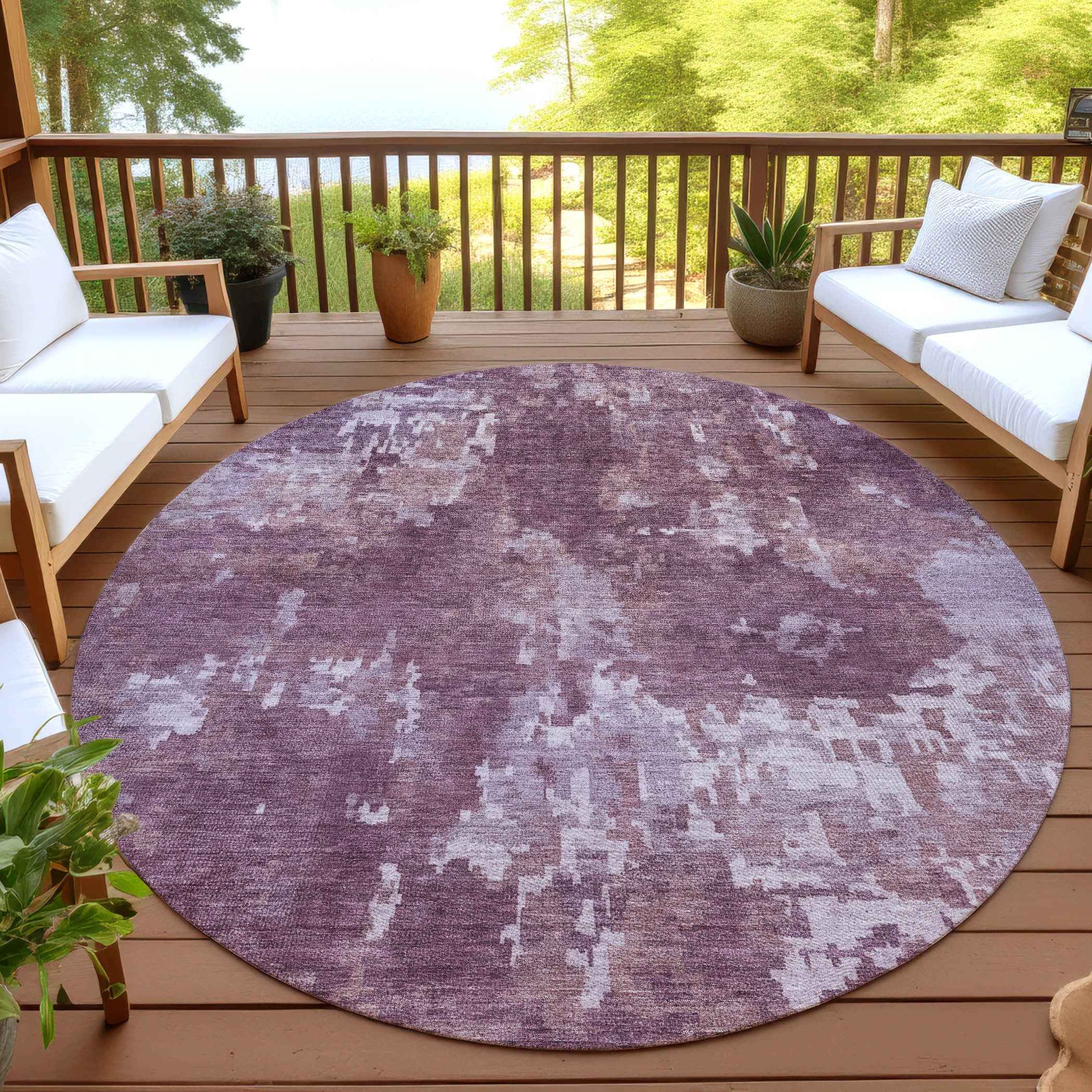 8' Merlot And Gray Round Abstract Washable Indoor Outdoor Area Rug