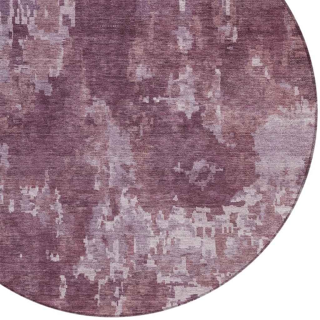 8' Merlot And Gray Round Abstract Washable Indoor Outdoor Area Rug