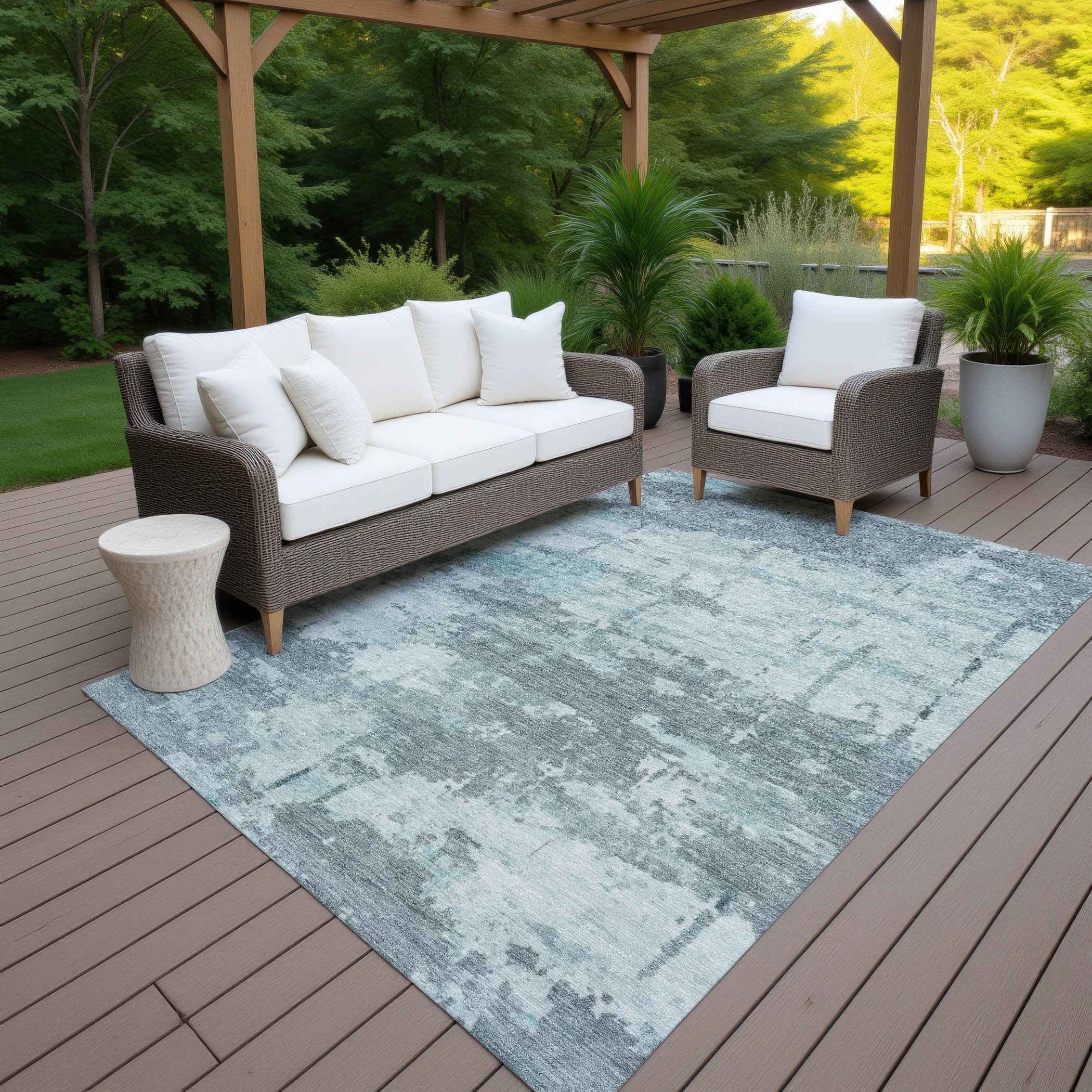 3' X 5' Aqua And Ivory Abstract Washable Indoor Outdoor Area Rug
