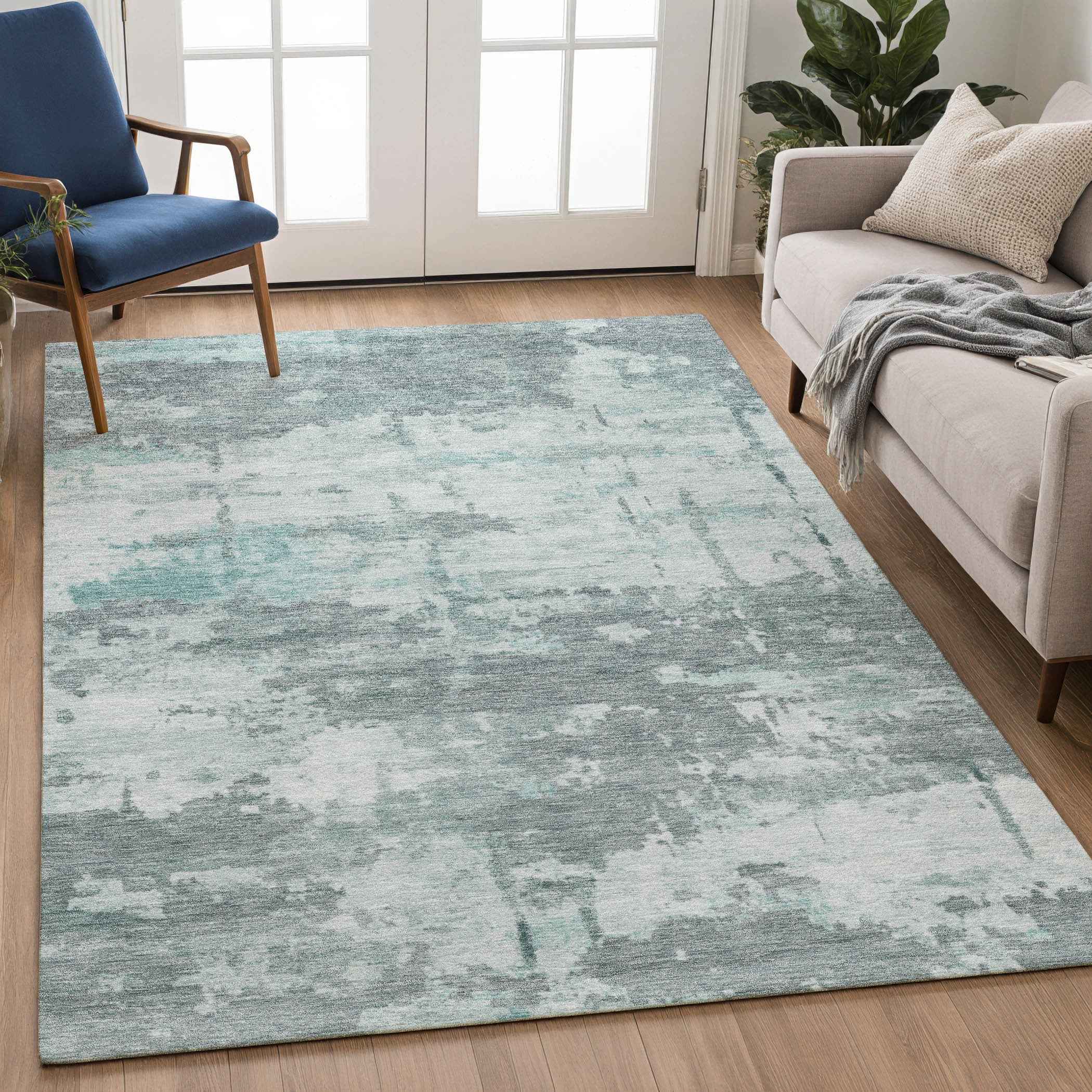3' X 5' Aqua And Ivory Abstract Washable Indoor Outdoor Area Rug