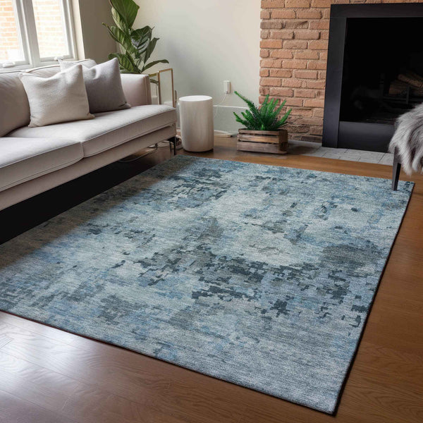 9' X 12' Blue And Gray Abstract Washable Indoor Outdoor Area Rug