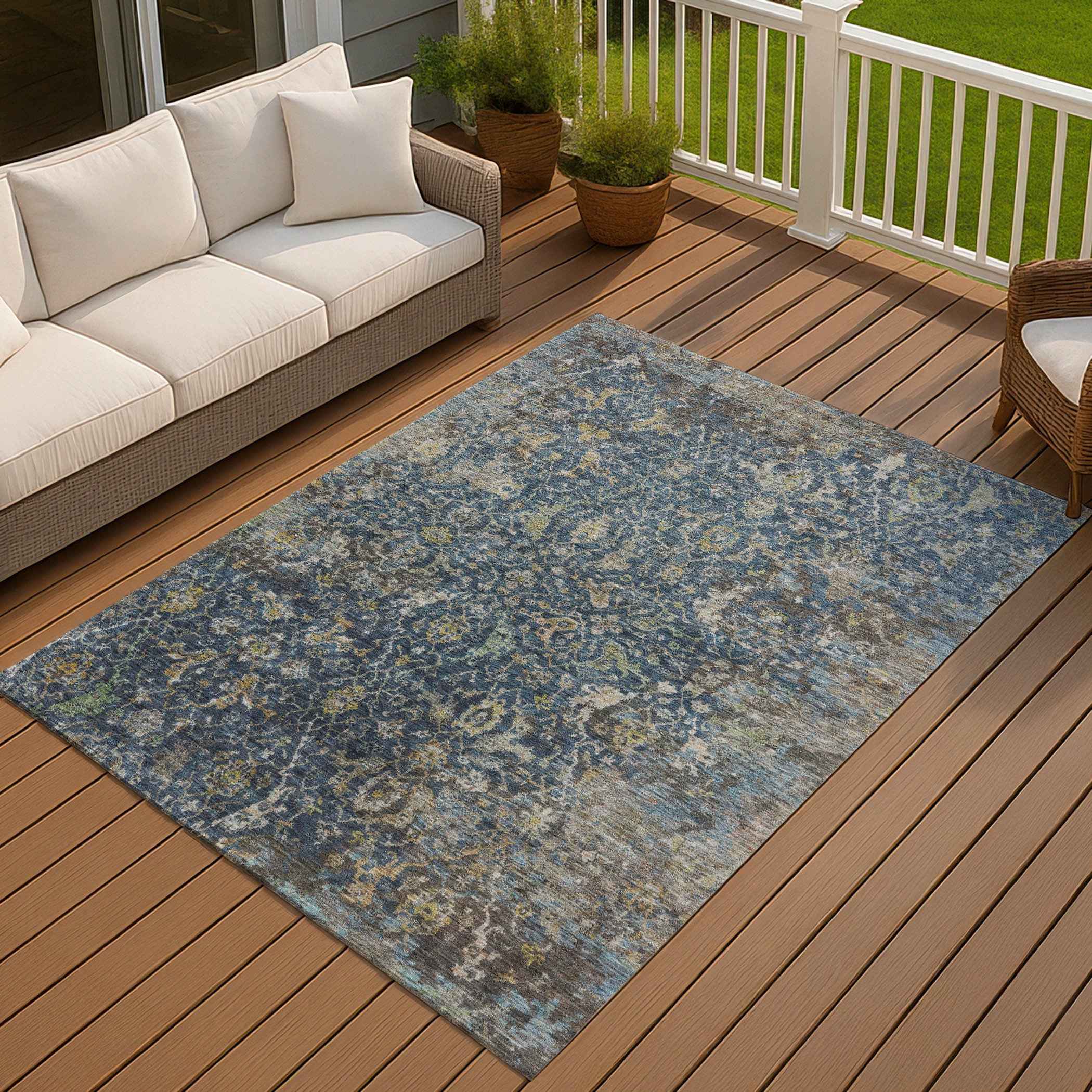 8' X 10' Navy Blue And Gray Damask Washable Indoor Outdoor Area Rug