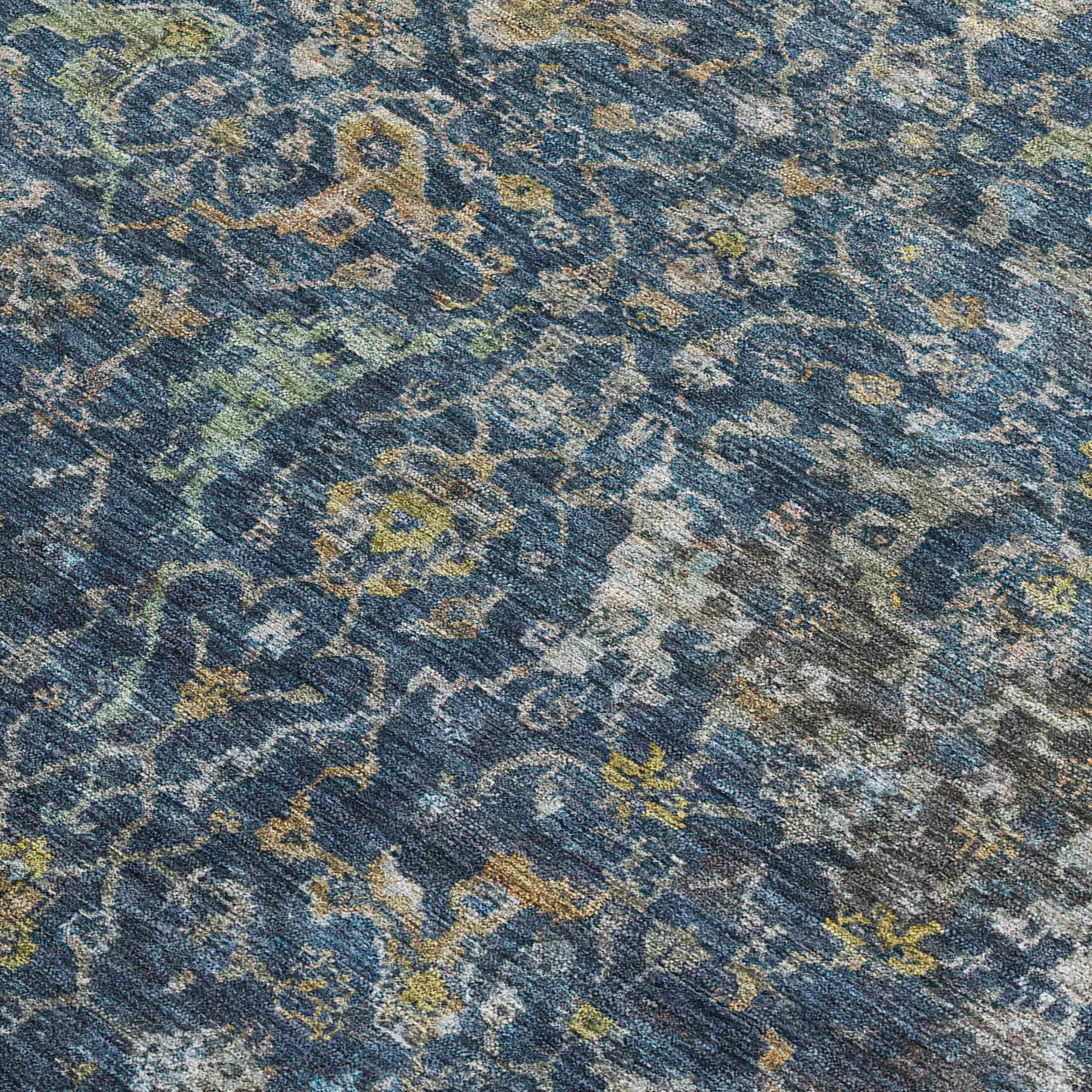 8' X 10' Navy Blue And Gray Damask Washable Indoor Outdoor Area Rug