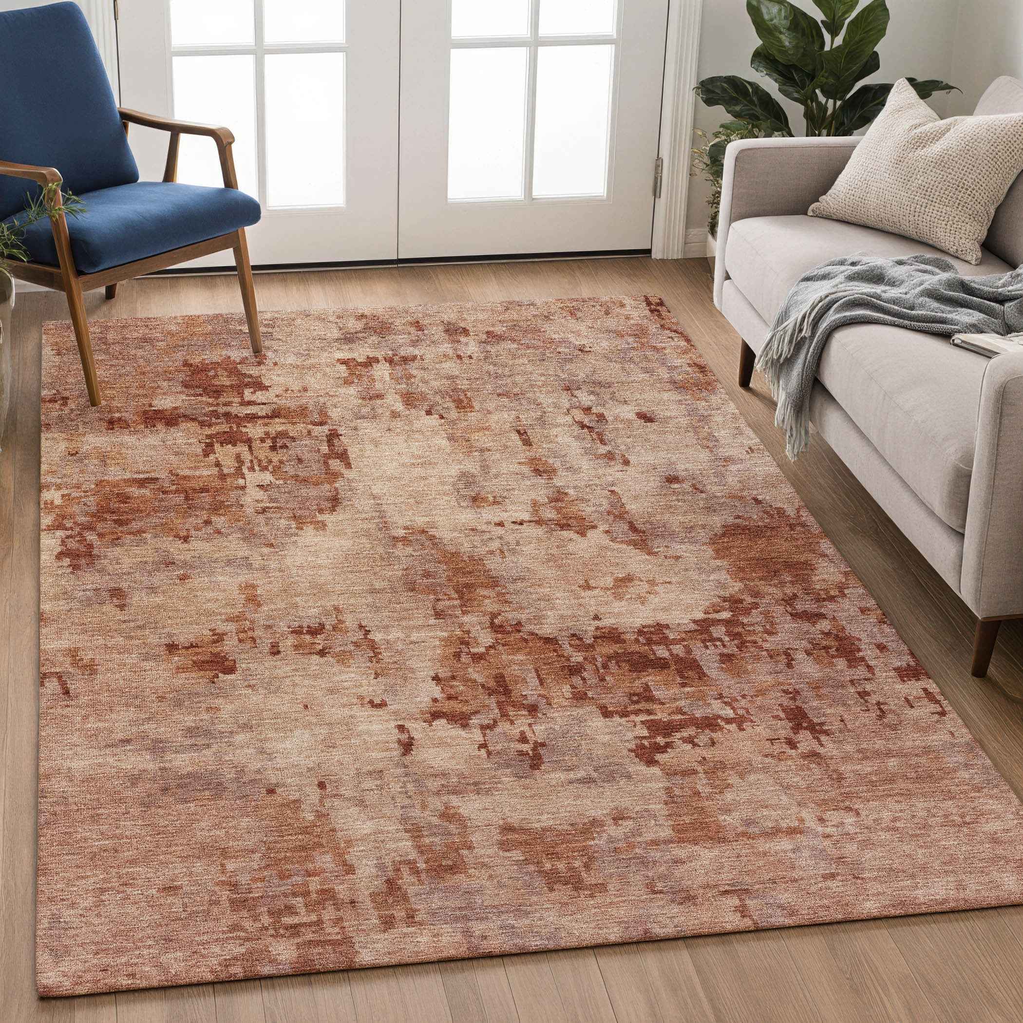 3' X 5' Copper And Coral Abstract Washable Indoor Outdoor Area Rug