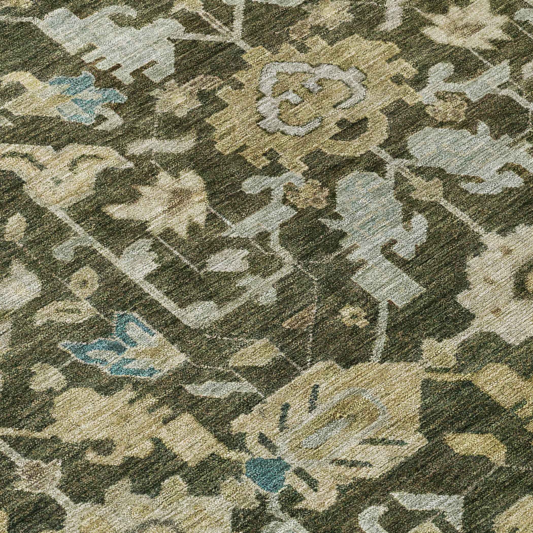 8' Olive Green Teal Blue And Gold Round Floral Washable Indoor Outdoor Area Rug