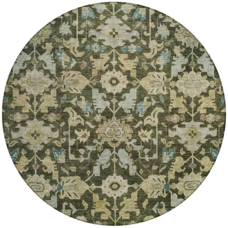 8' Olive Green Teal Blue And Gold Round Floral Washable Indoor Outdoor Area Rug