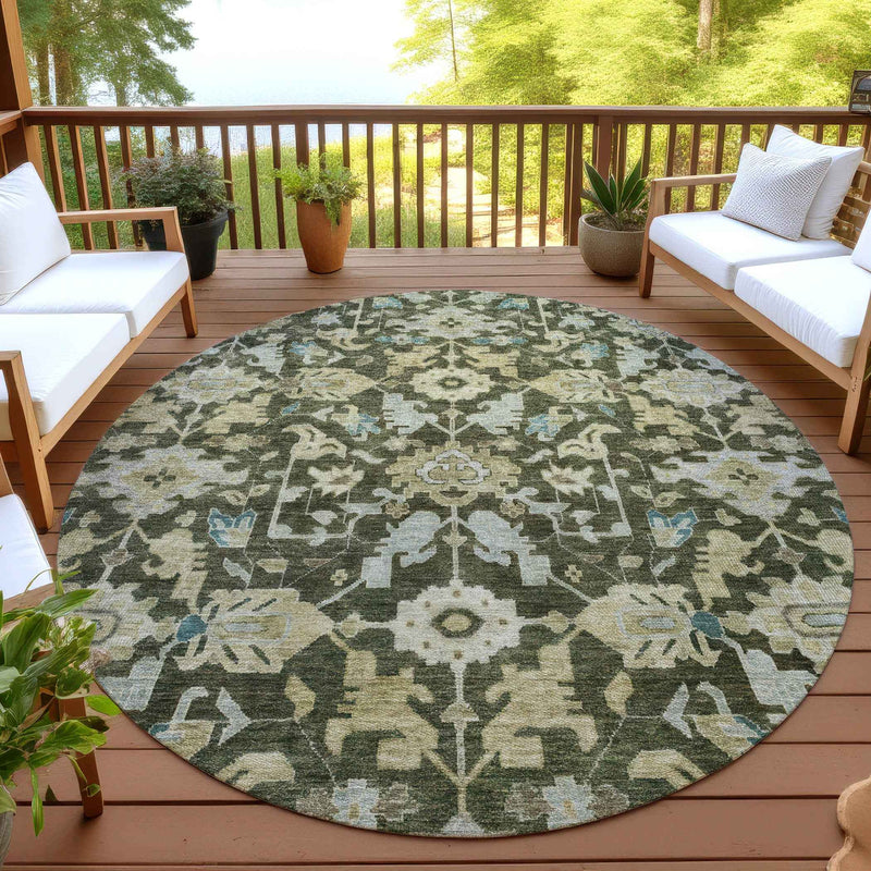 8' Olive Green Teal Blue And Gold Round Floral Washable Indoor Outdoor Area Rug