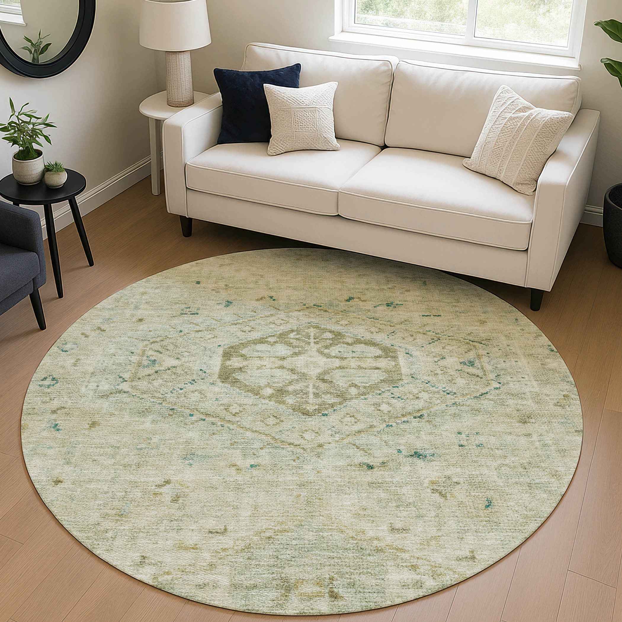 8' Sage And Gold Round Medallion Washable Indoor Outdoor Area Rug